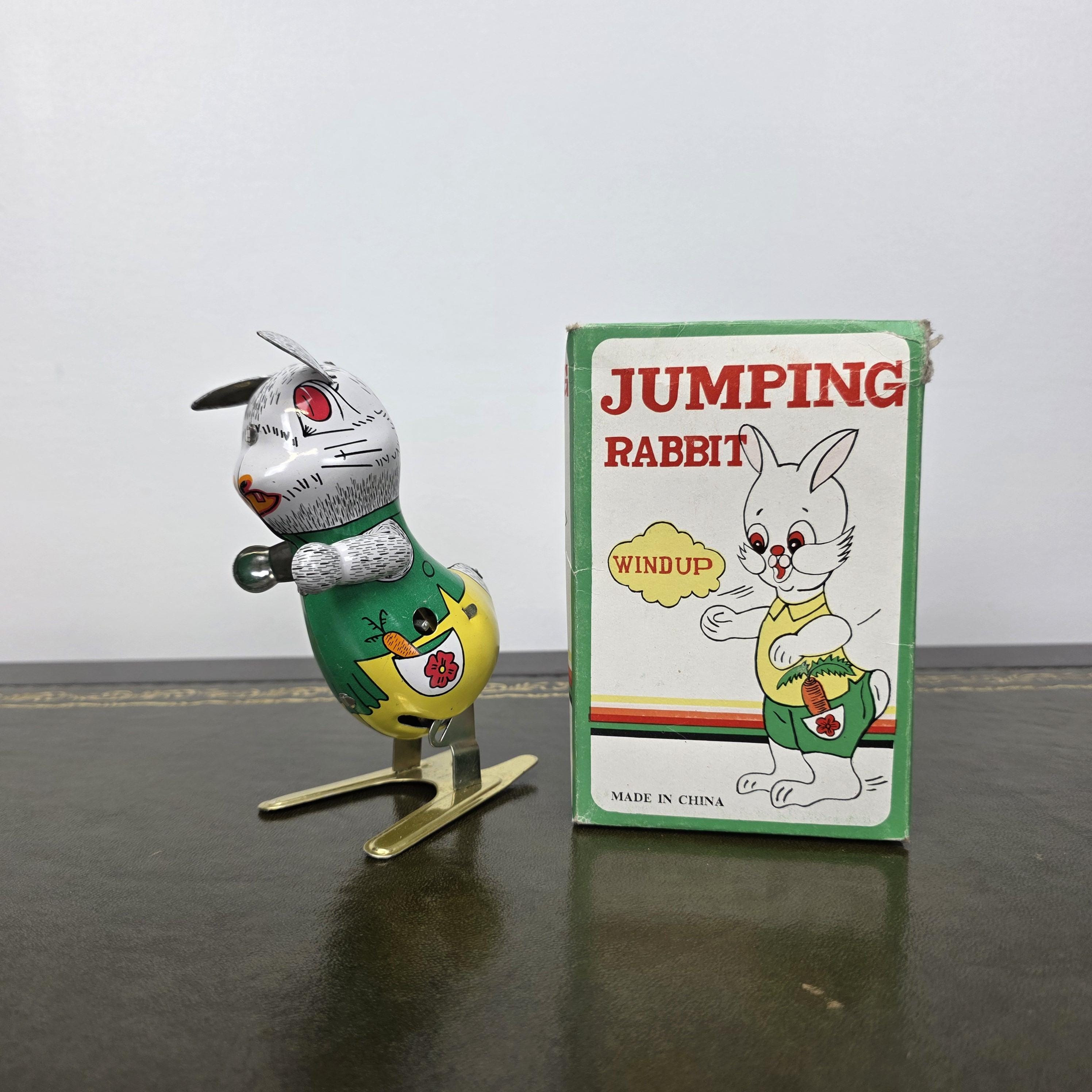 Spring Feet Mechanism| Vintage Wind Up Jumping Rabbit Tin Toy | Boxed Clockwork Collectable