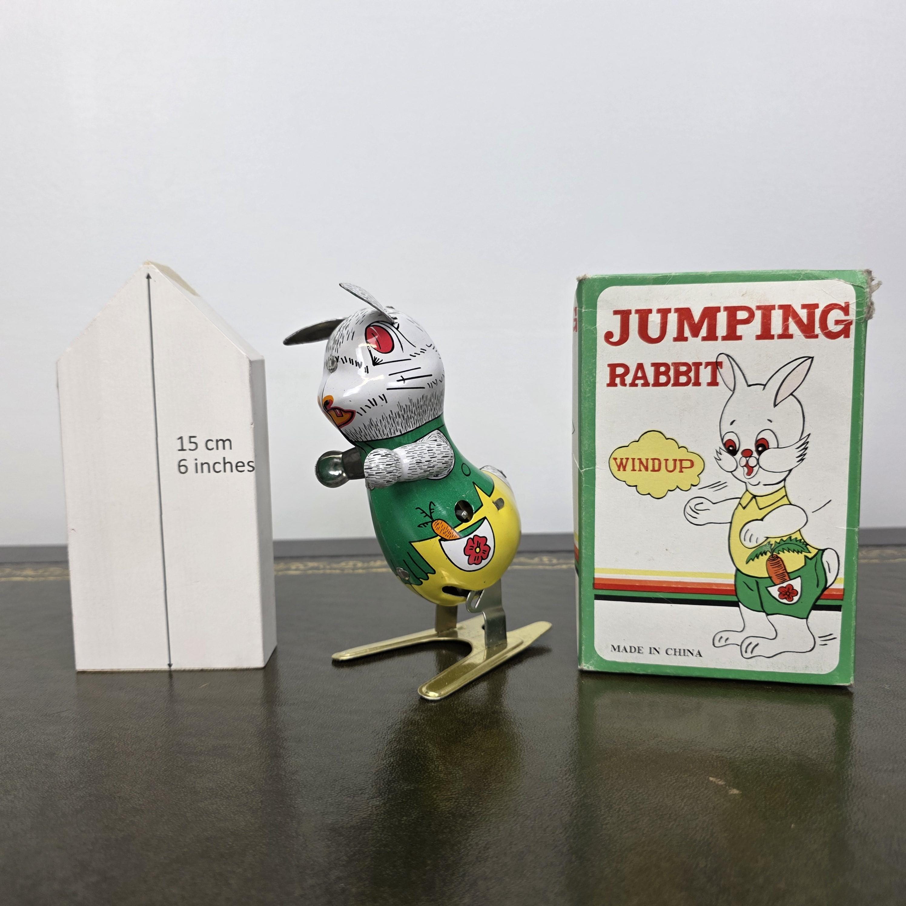 Spring Feet Mechanism| Vintage Wind Up Jumping Rabbit Tin Toy | Boxed Clockwork Collectable