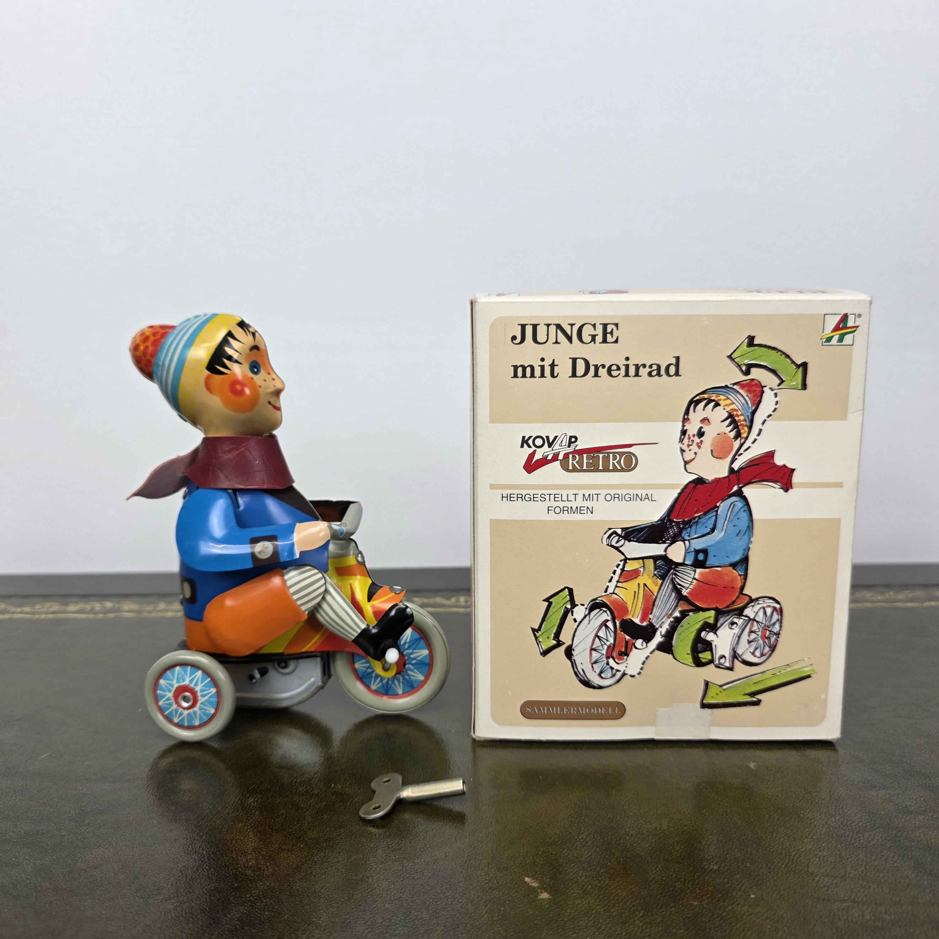 Kovap Retro Boy on a Tricycle Wind Up Tin Toy | Boxed Clockwork Model Czech Collectors