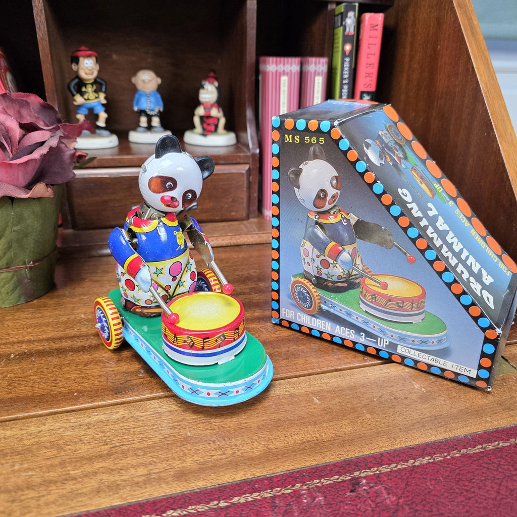 Vintage Tin Wind Up Panda Drummer MS565 Mechanical Toy With Original Box 1960s Collectible