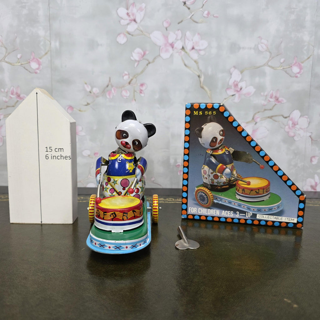 Vintage Tin Wind Up Panda Drummer MS565 Mechanical Toy With Original Box 1960s Collectible