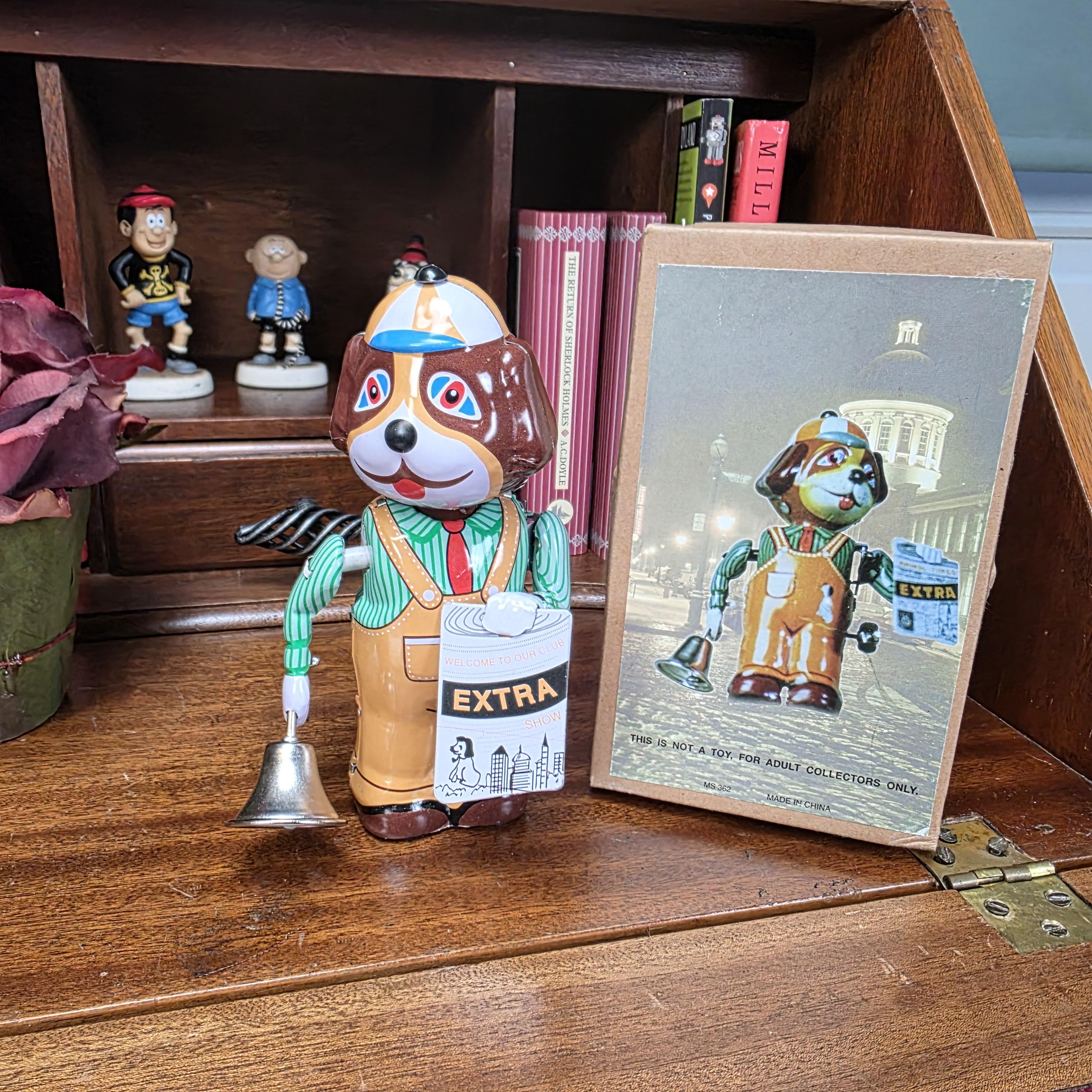 Vintage Wind Up Tin Dog Bell Ringer MS362 Mechanical Collectible With Box Clockwork Figure
