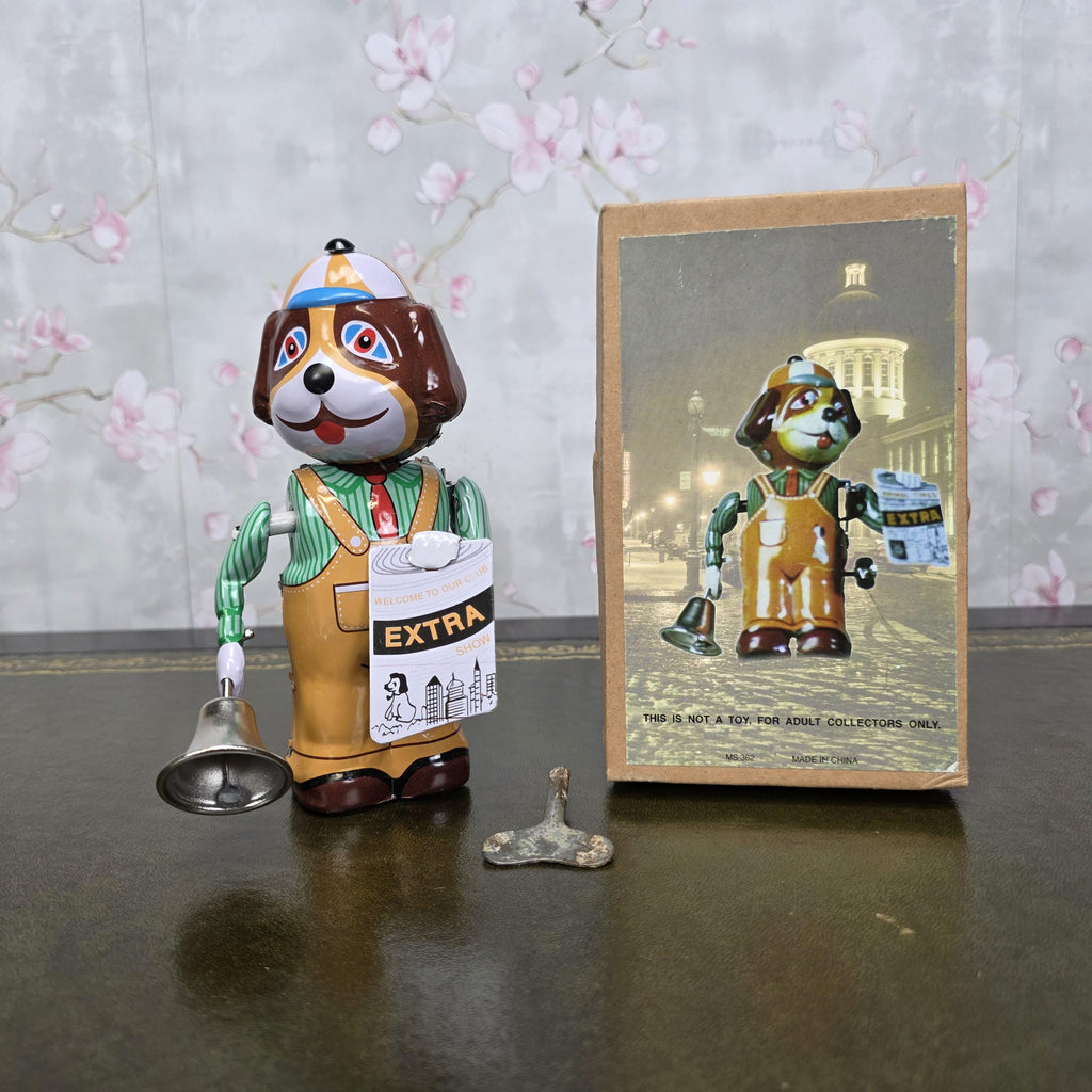 Vintage Wind Up Tin Dog Bell Ringer MS362 Mechanical Collectible With Box Clockwork Figure