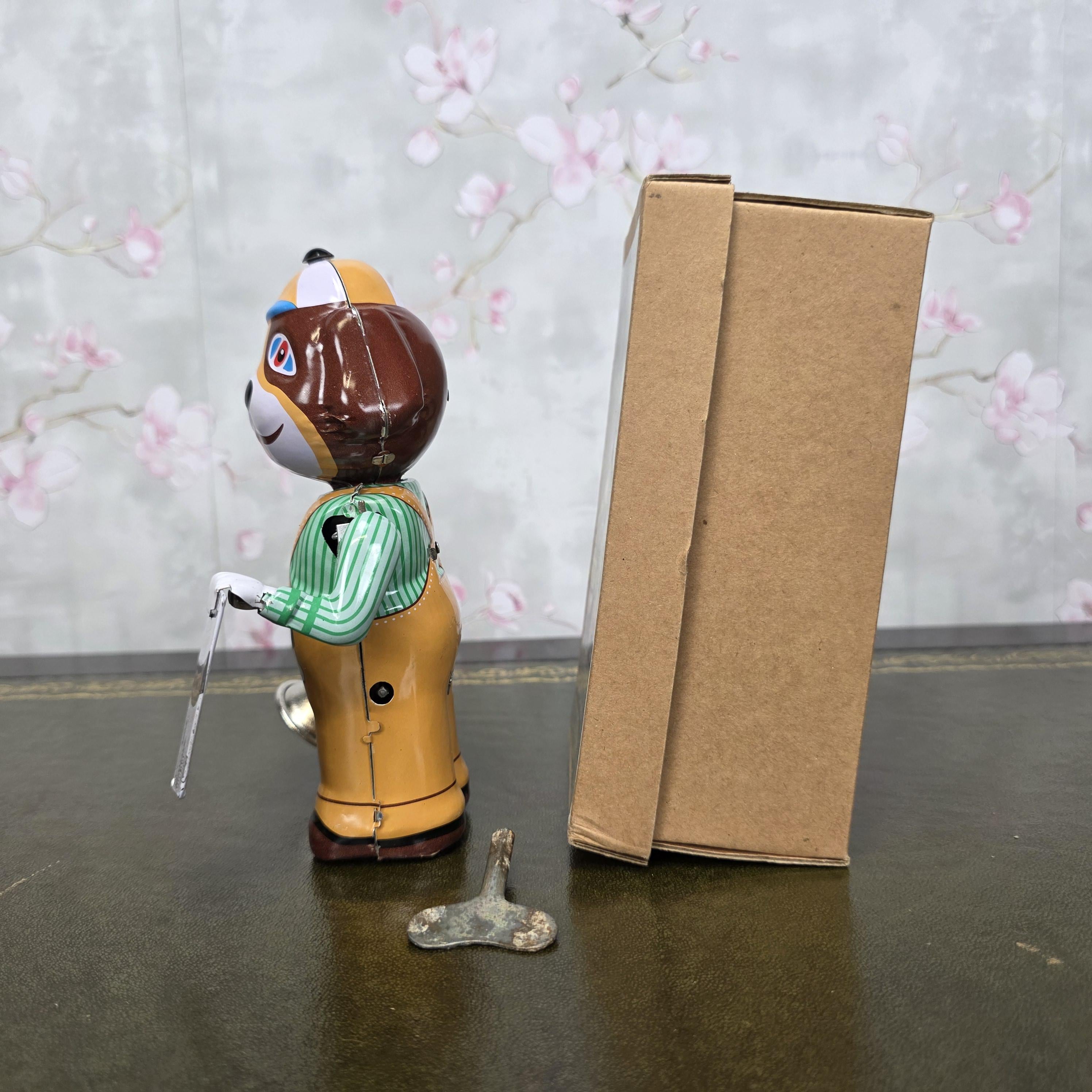 Vintage Wind Up Tin Dog Bell Ringer MS362 Mechanical Collectible With Box Clockwork Figure