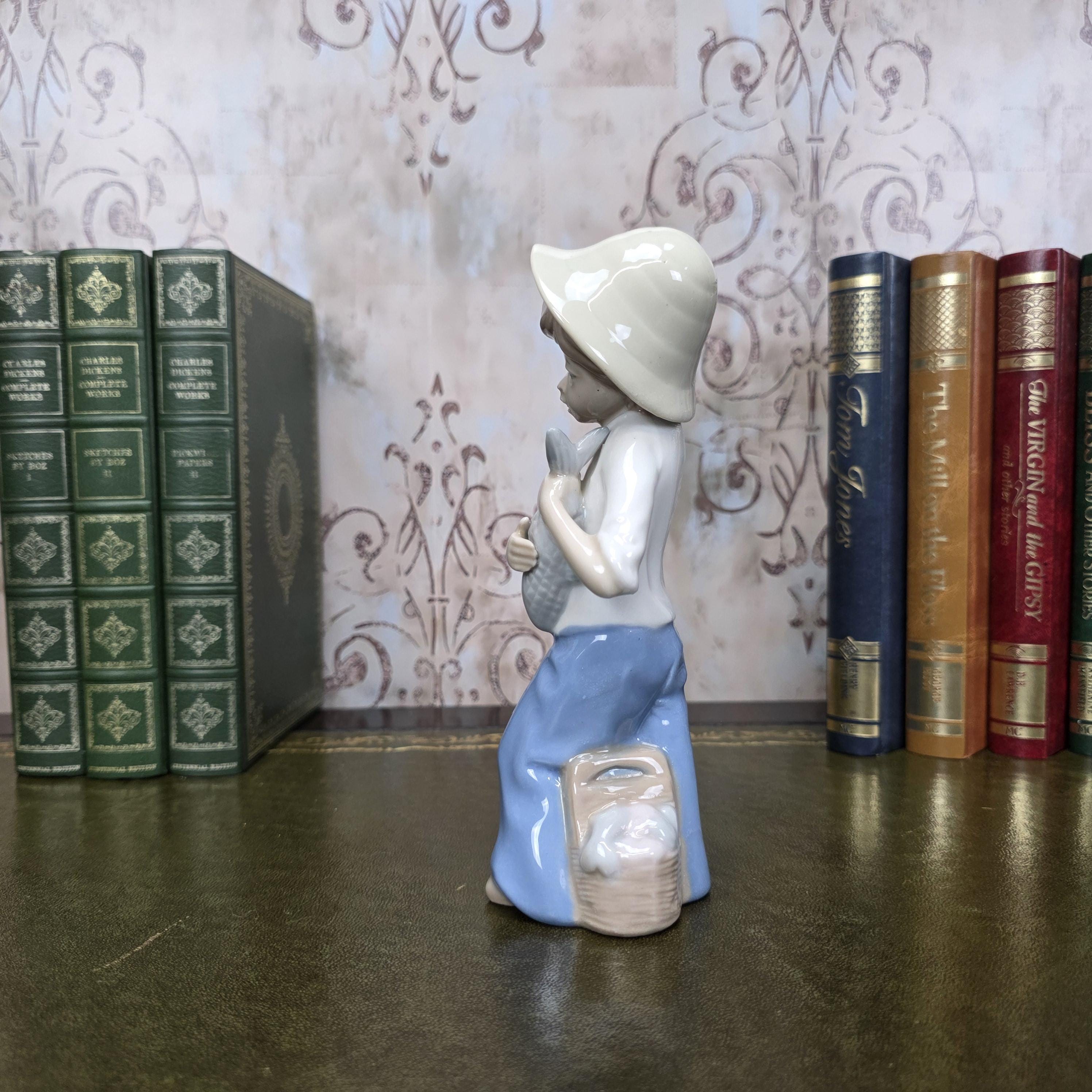 Vintage Casades Boy with Fish Porcelain Figurine | Spanish Vintage Collectible Sculpture Fisherman Child