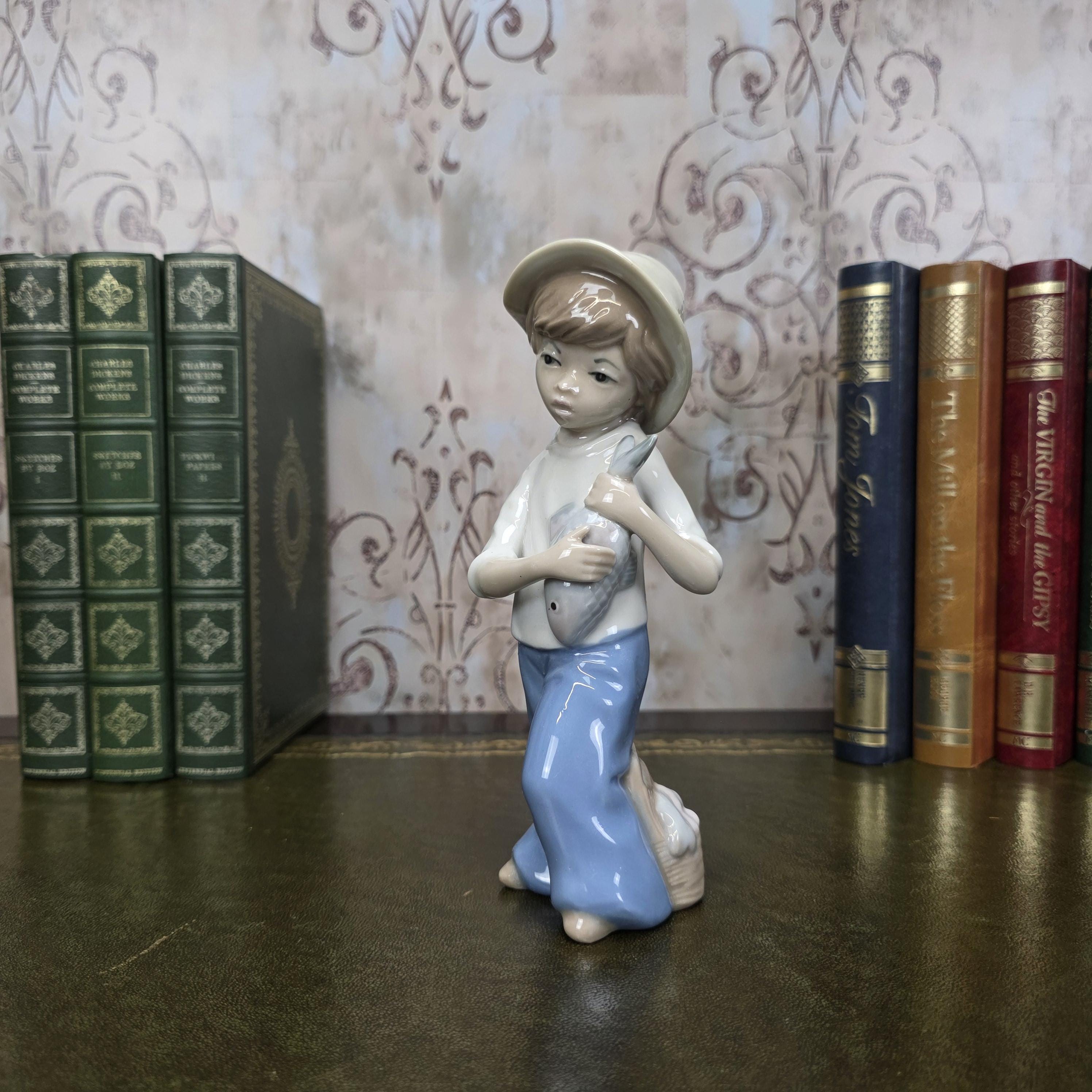 Vintage Casades Boy with Fish Porcelain Figurine | Spanish Vintage Collectible Sculpture Fisherman Child