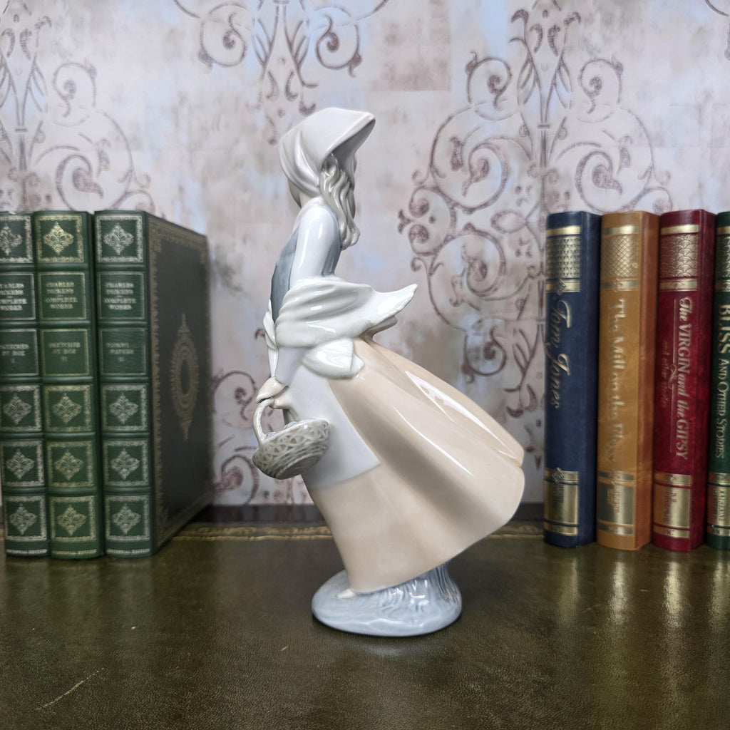 Nao by Lladro Girl with Basket Figurine | Hand Made Spain Porcelain 1980s Collectible Piece