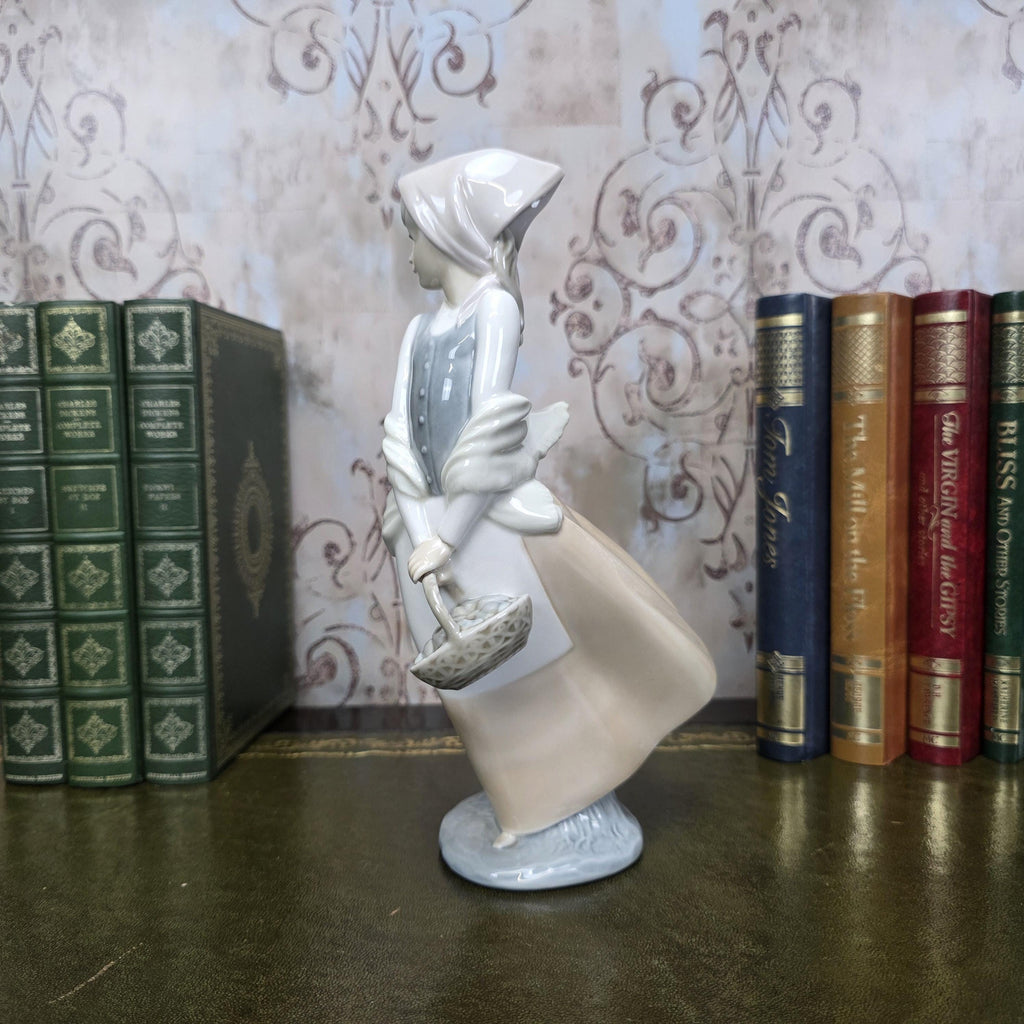 Nao by Lladro Girl with Basket Figurine | Hand Made Spain Porcelain 1980s Collectible Piece