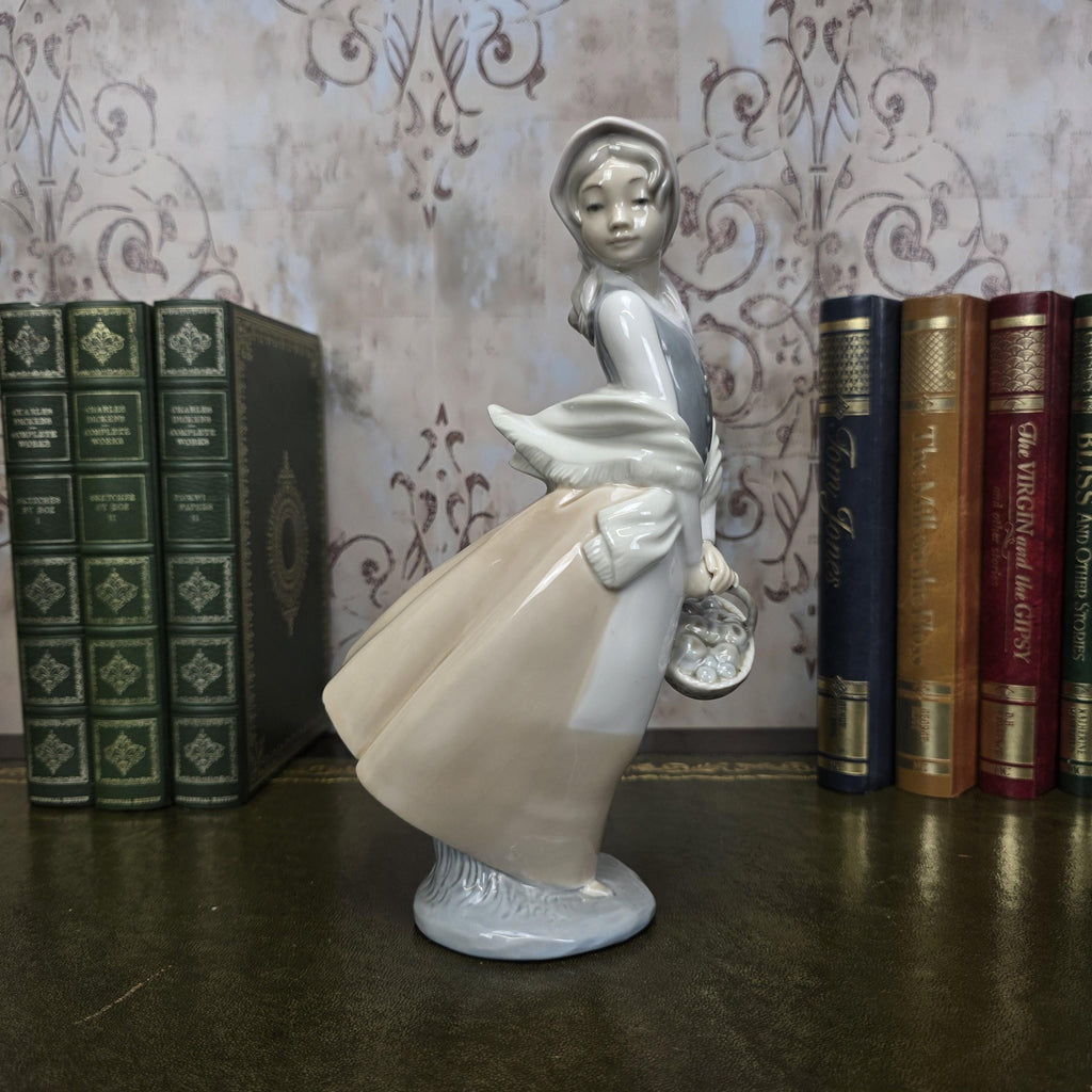 Nao by Lladro Girl with Basket Figurine | Hand Made Spain Porcelain 1980s Collectible Piece