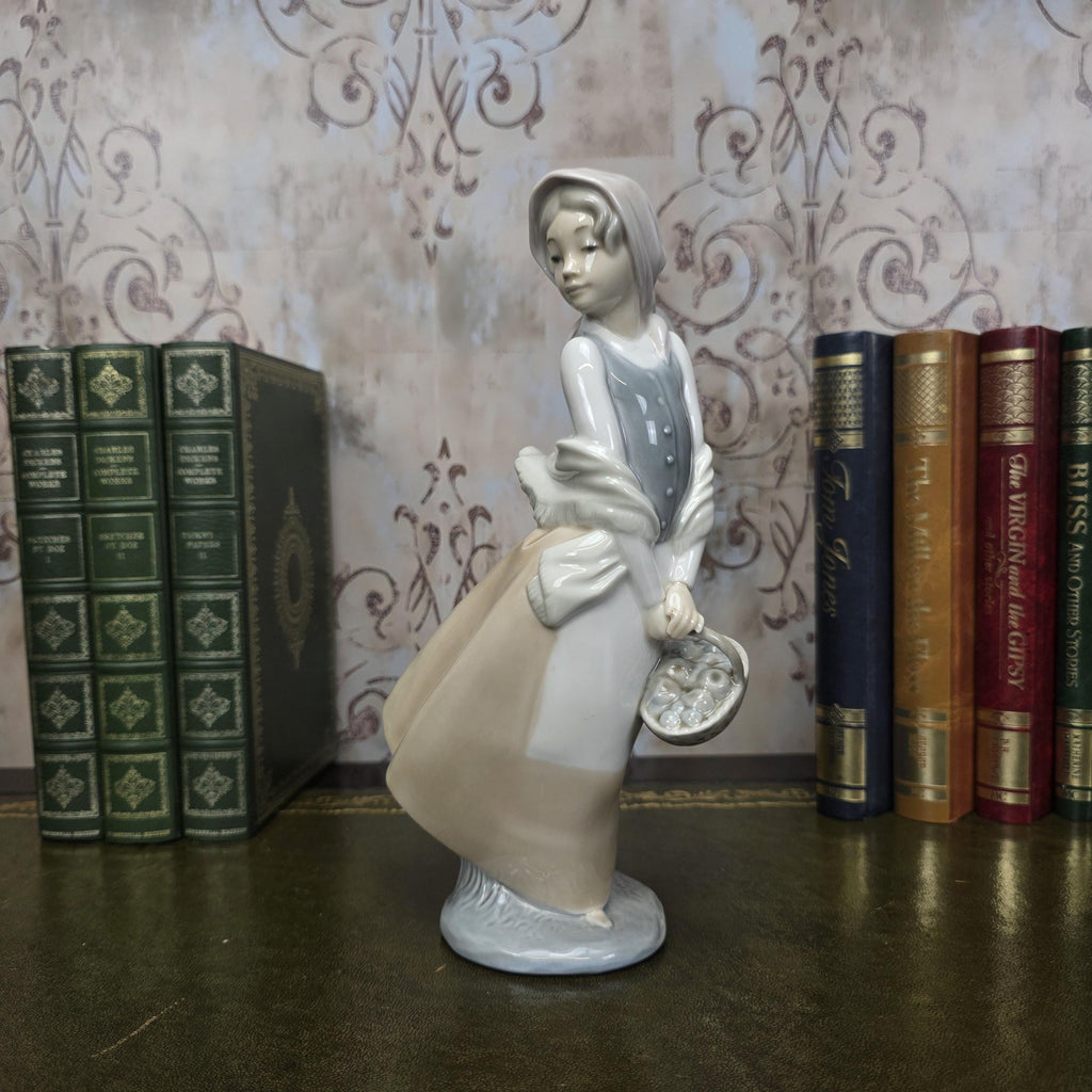 Nao by Lladro Girl with Basket Figurine | Hand Made Spain Porcelain 1980s Collectible Piece