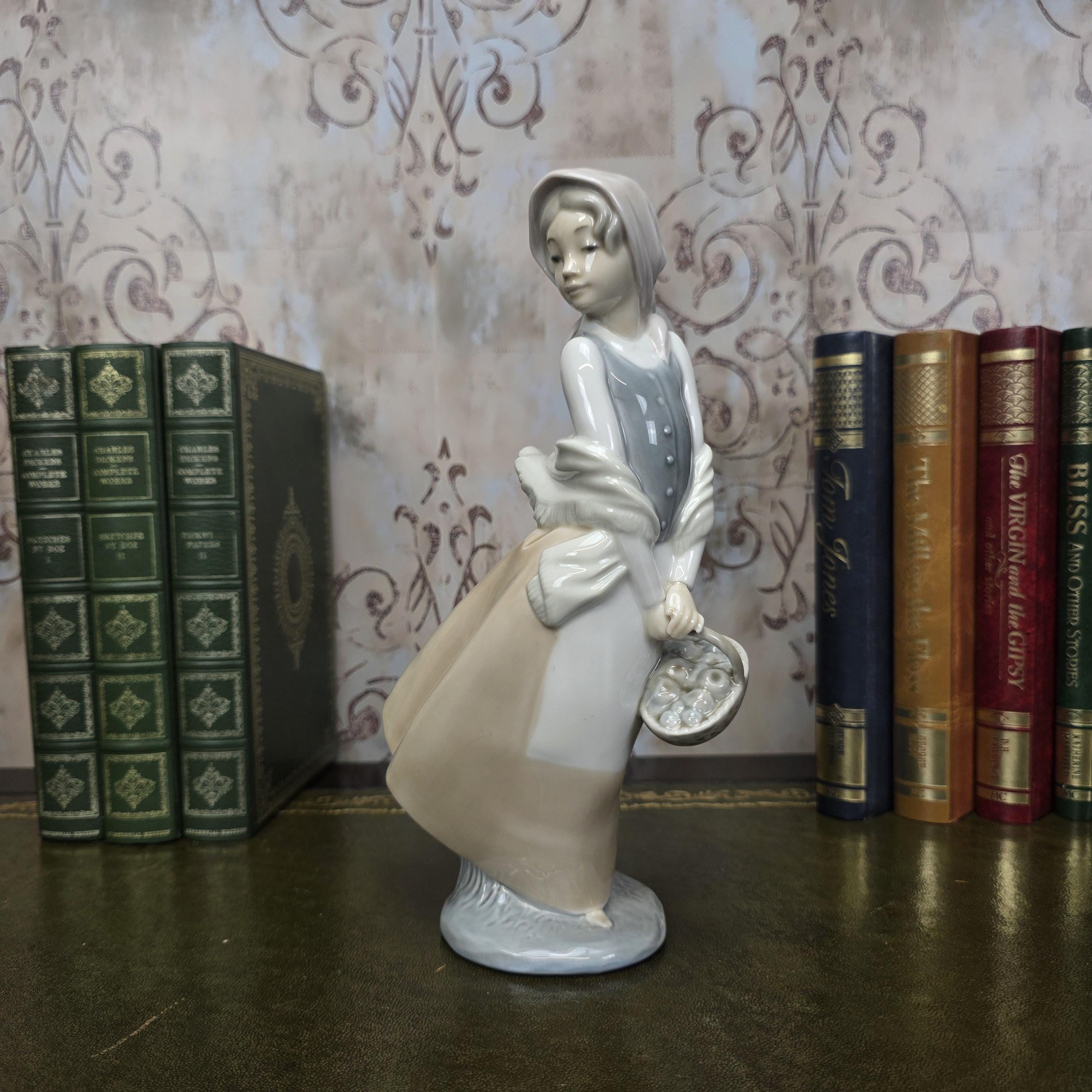 Nao by Lladro Girl with Basket Figurine | Hand Made Spain Porcelain 1980s Collectible Piece