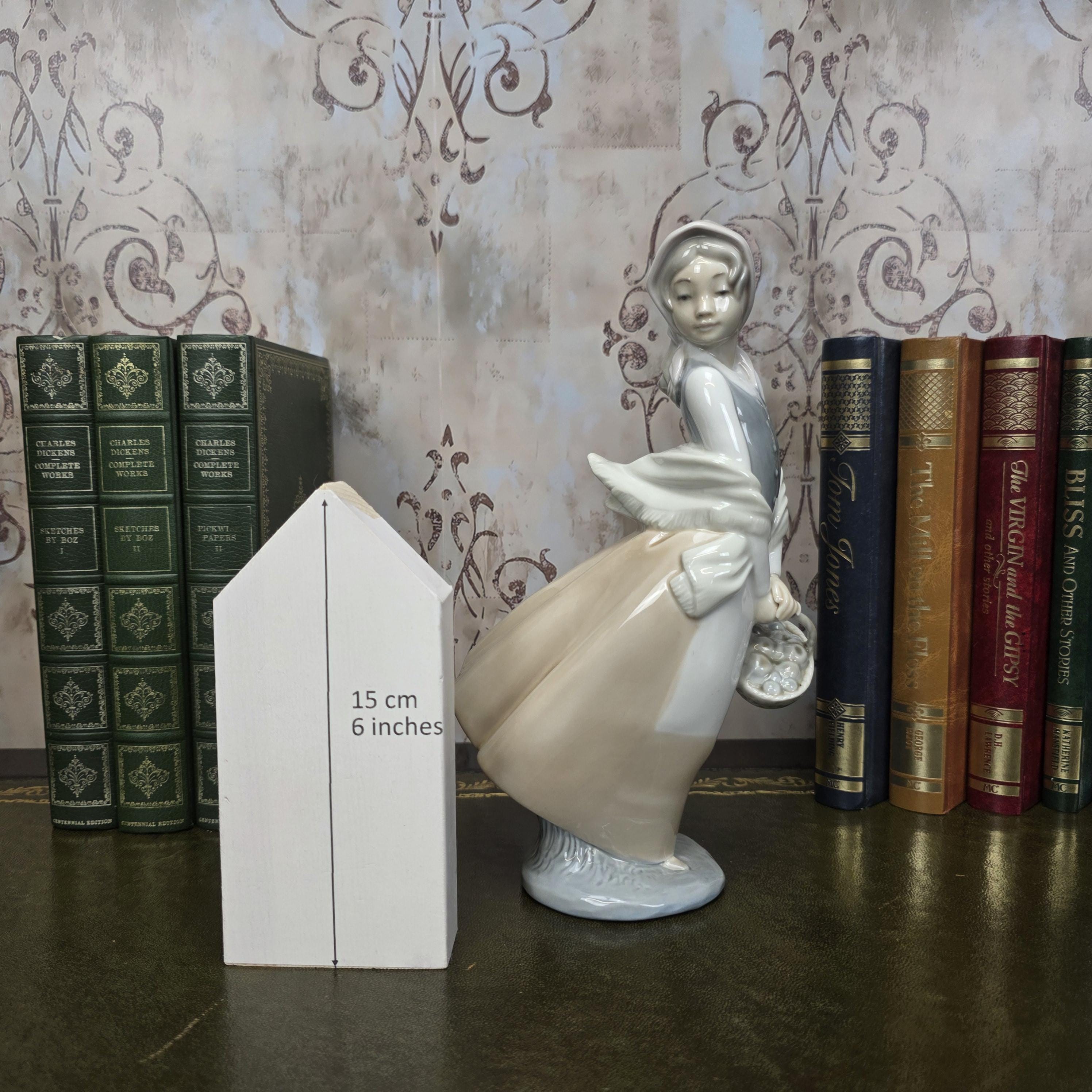 Nao by Lladro Girl with Basket Figurine | Hand Made Spain Porcelain 1980s Collectible Piece