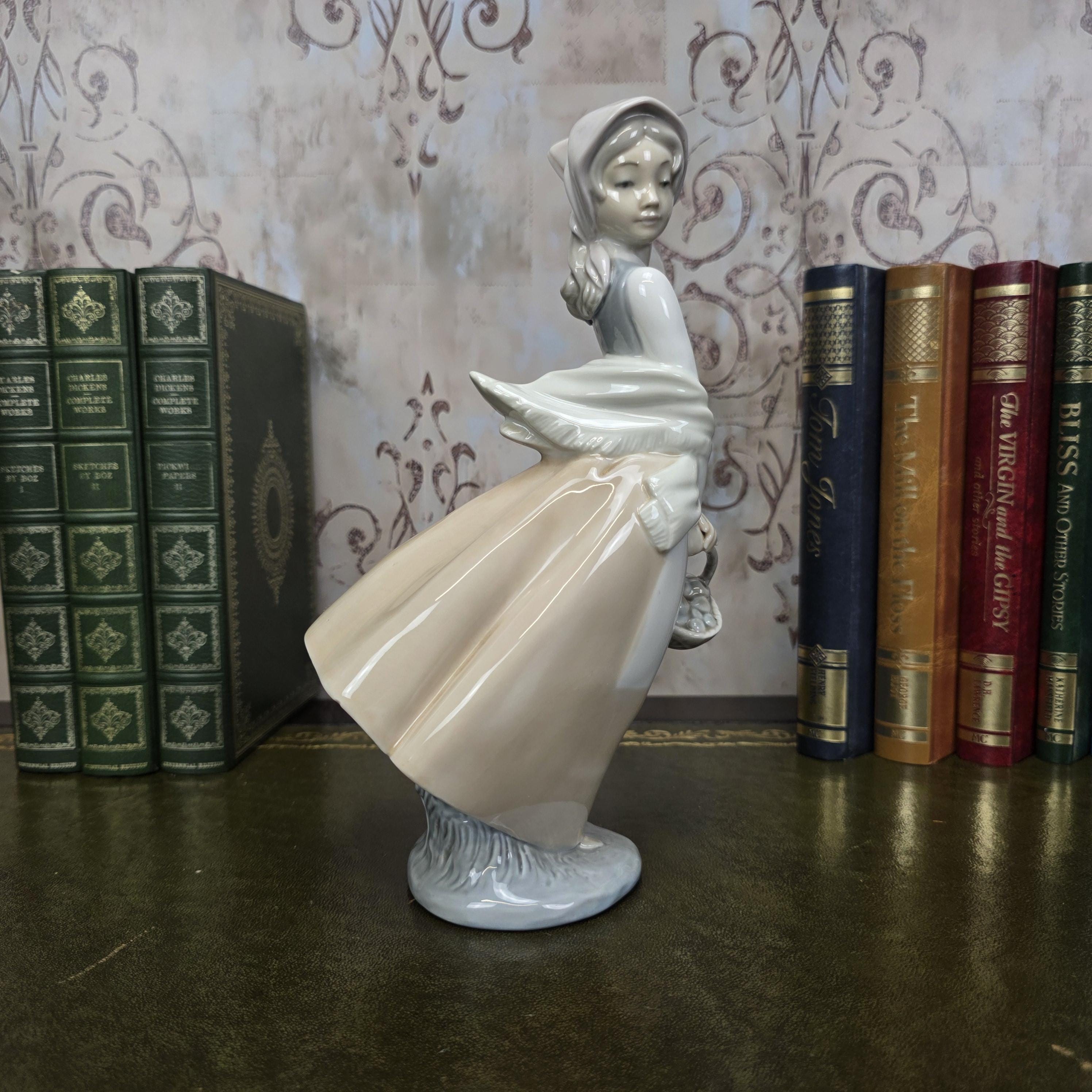 Nao by Lladro Girl with Basket Figurine | Hand Made Spain Porcelain 1980s Collectible Piece