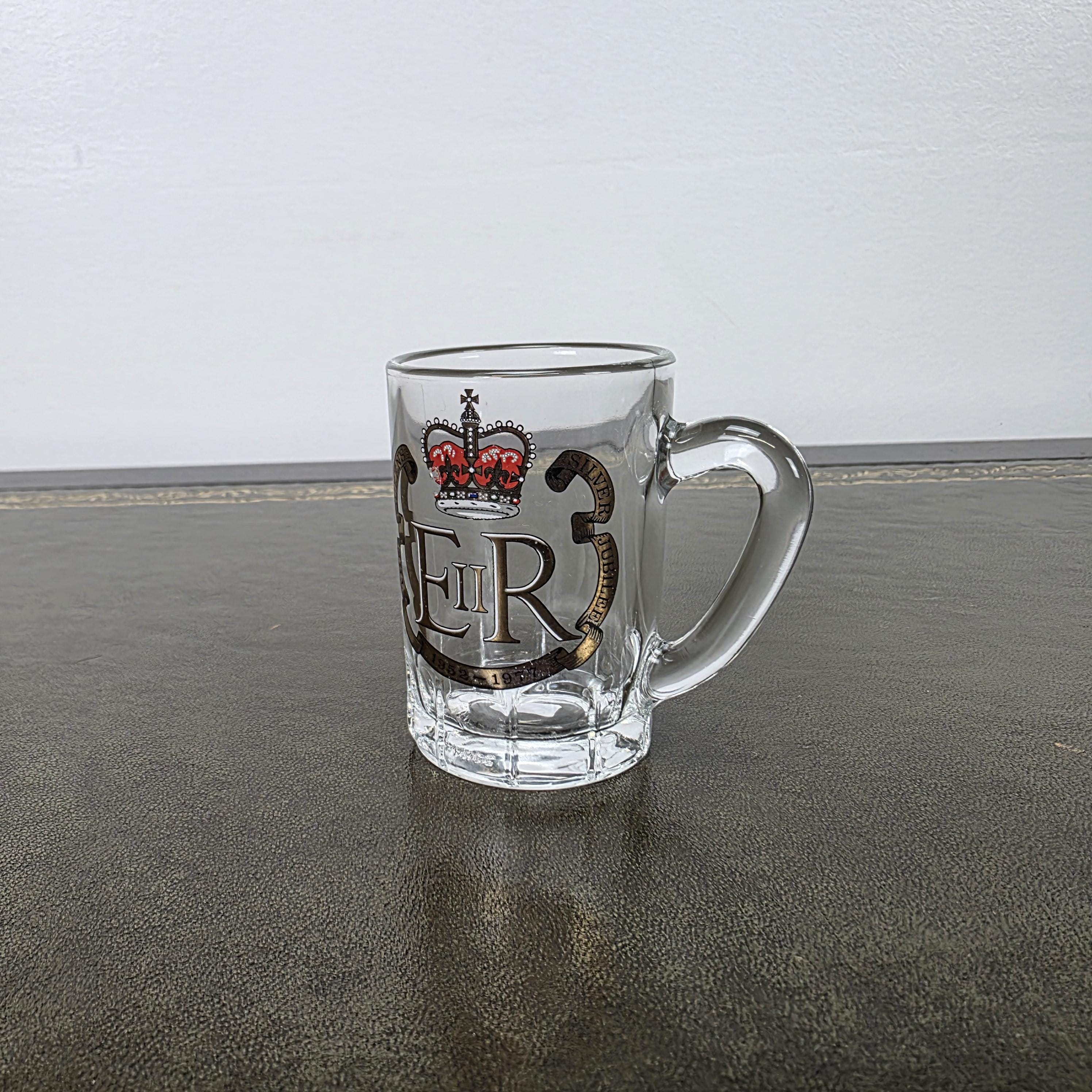 Vintage Queen Elizabeth II Silver Jubilee Glass Mug 1977 Commemorative Espresso Cup 1952-1977