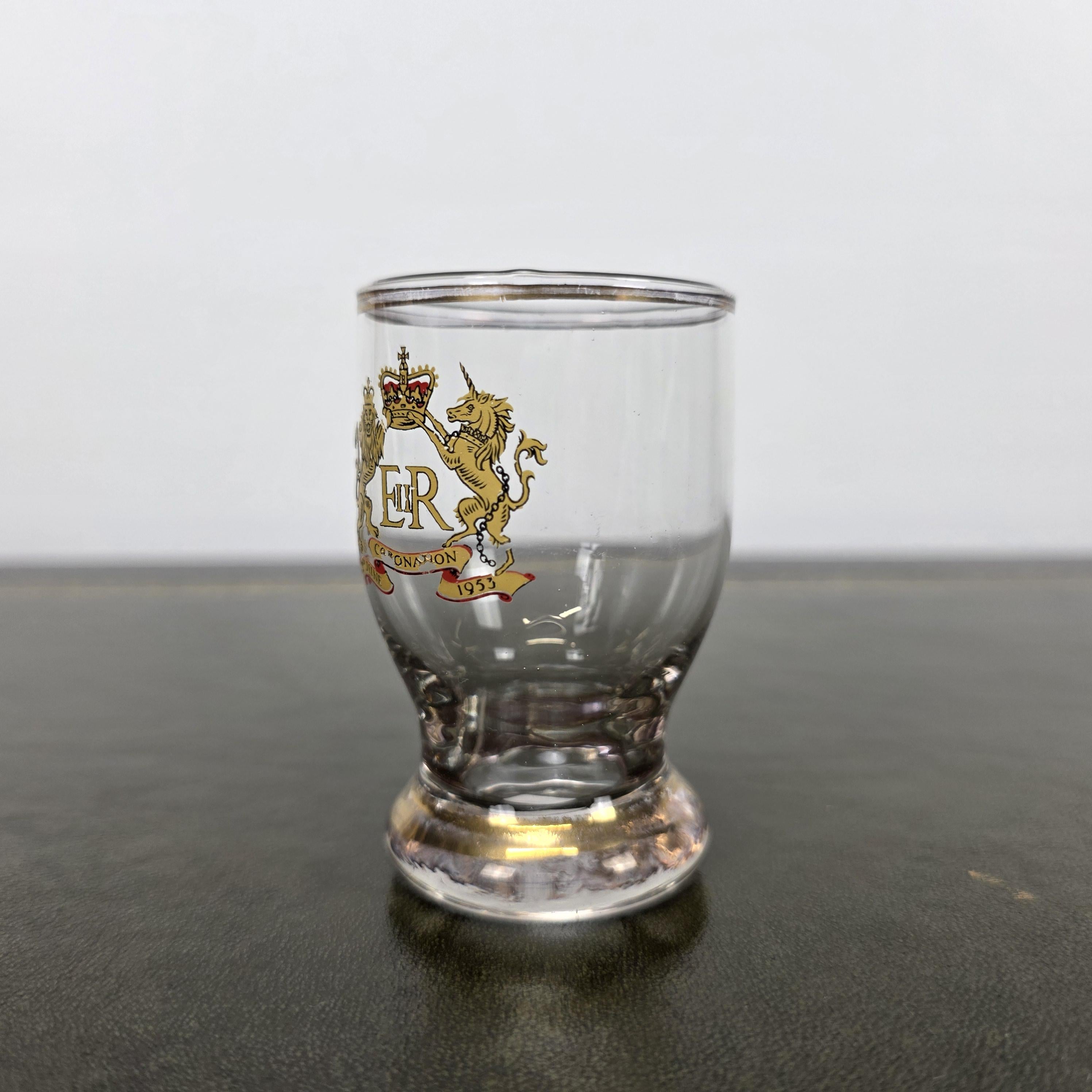Royal Family 1953 Coronation Shot Glass EII R Lion Unicorn Crest 2nd June Souvenir