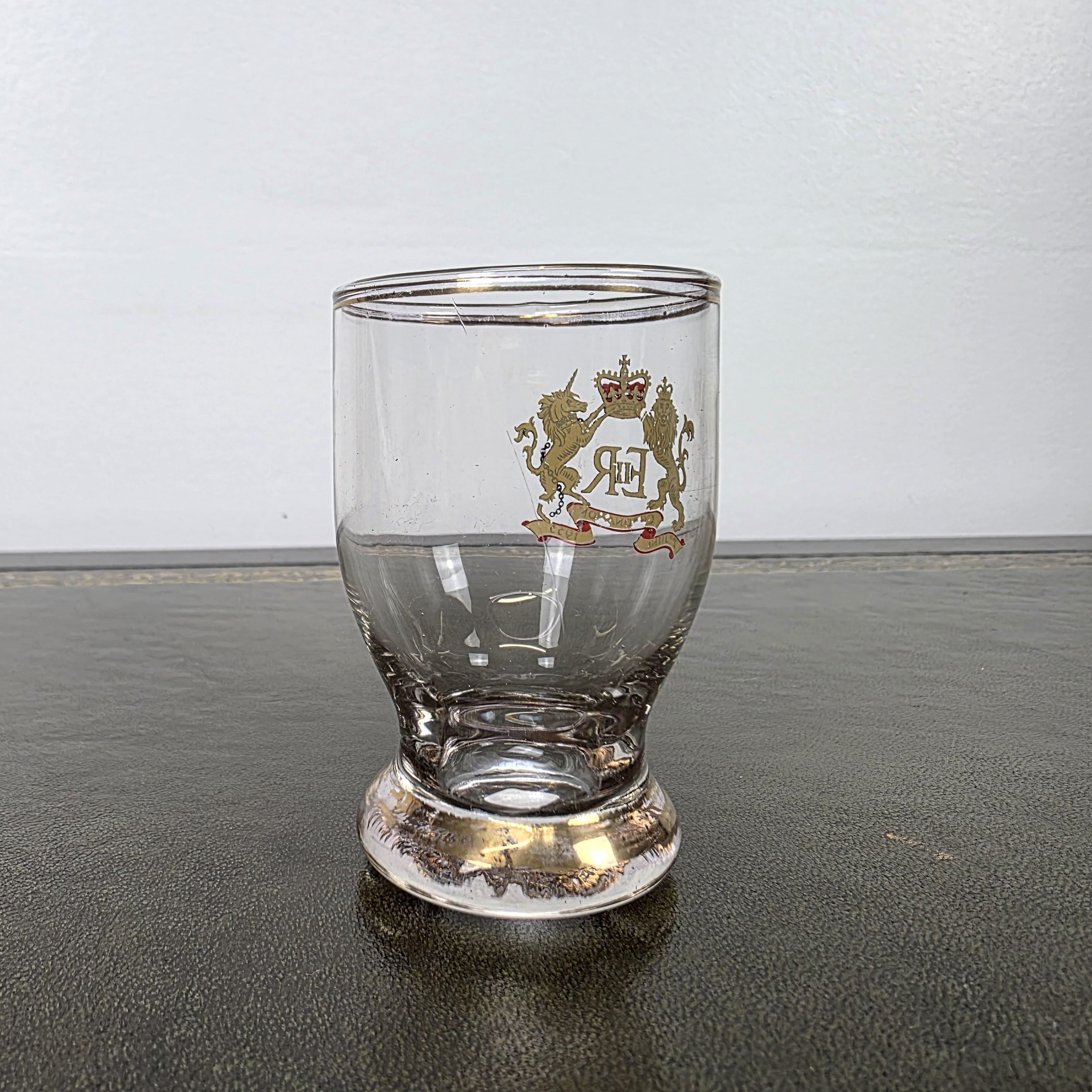 Royal Family 1953 Coronation Shot Glass EII R Lion Unicorn Crest 2nd June Souvenir