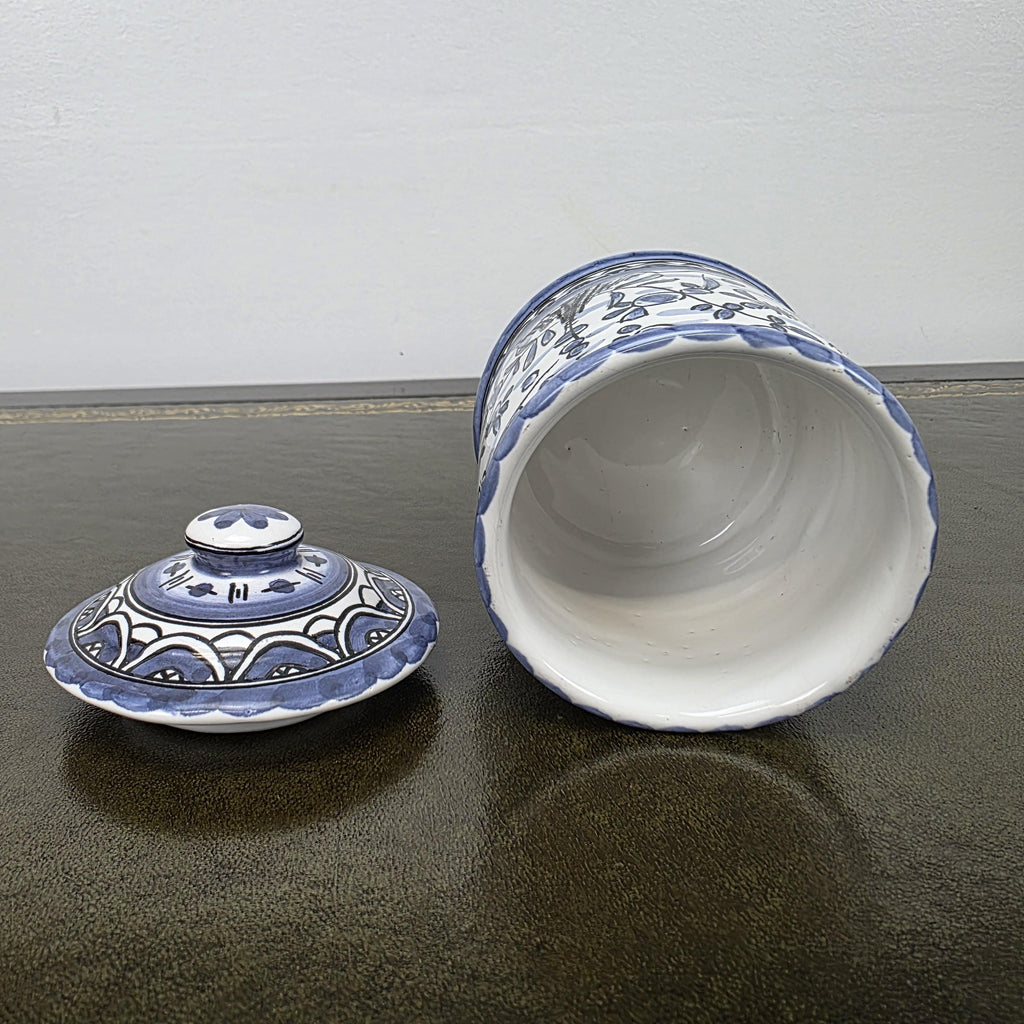 Blue White Portuguese Ceramic Lidded Jar Alcobaca Pottery Folk Art Bird Floral Canister 35B