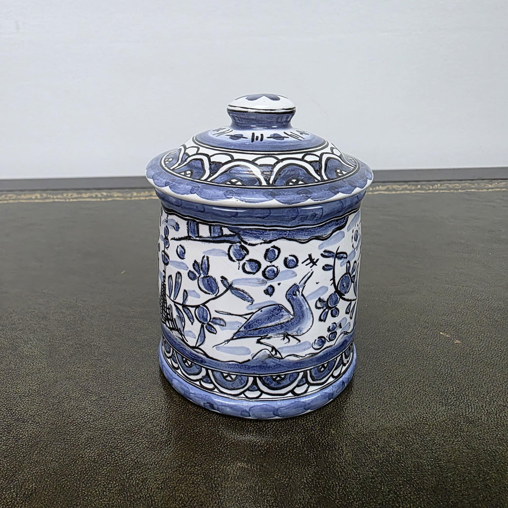 Blue White Portuguese Ceramic Lidded Jar Alcobaca Pottery Folk Art Bird Floral Canister 35B