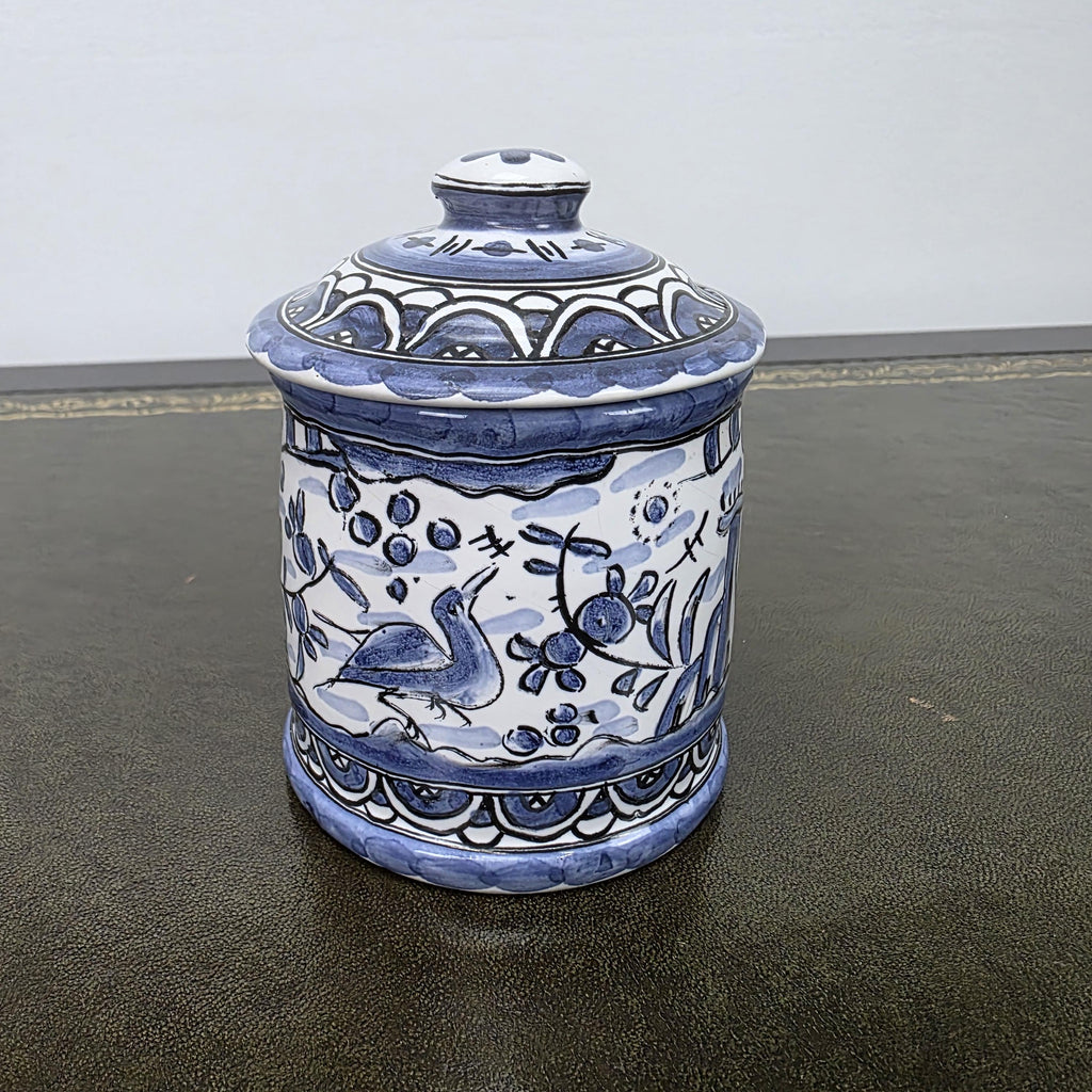 Blue White Portuguese Ceramic Lidded Jar Alcobaca Pottery Folk Art Bird Floral Canister 35B