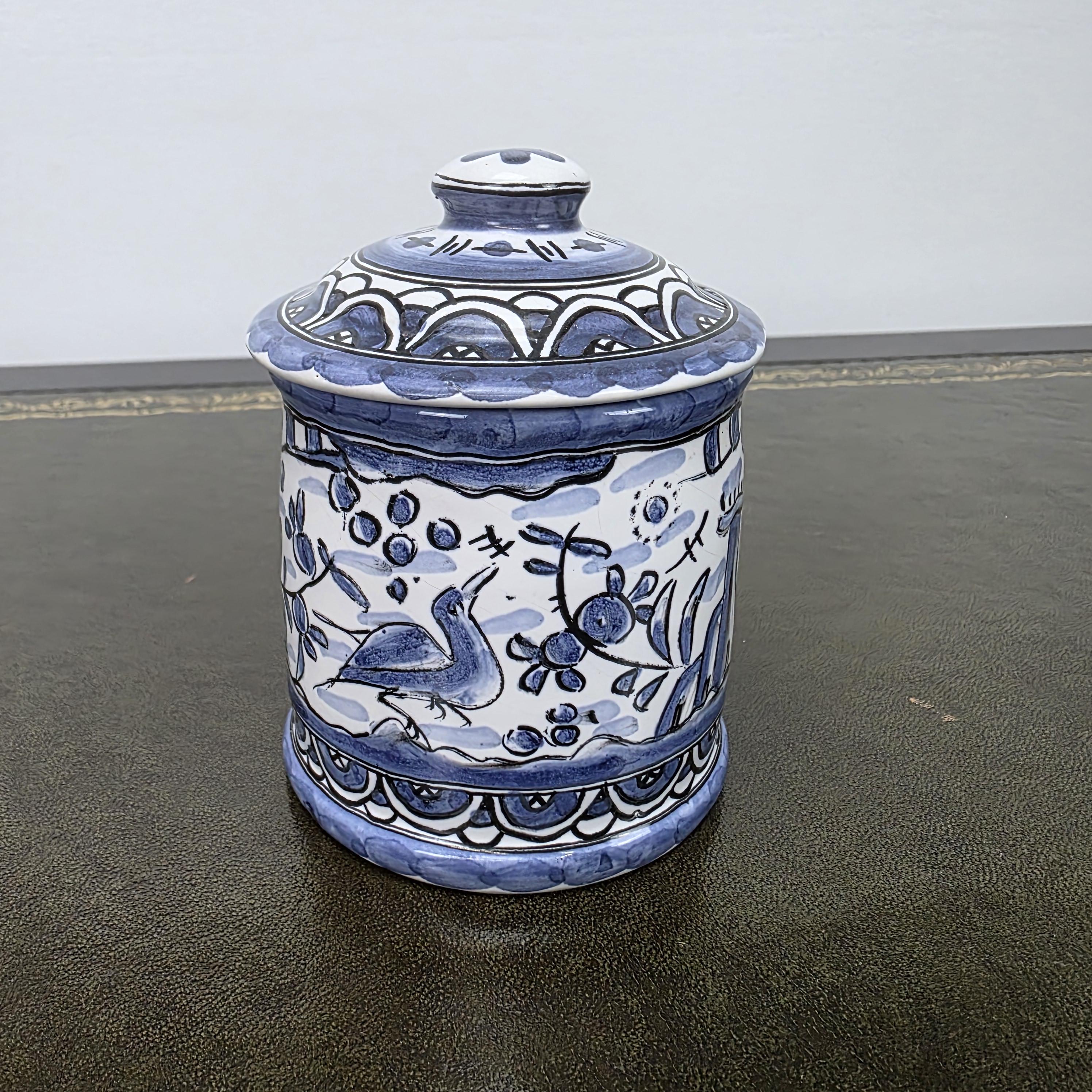 Blue White Portuguese Ceramic Lidded Jar Alcobaca Pottery Folk Art Bird Floral Canister 35B