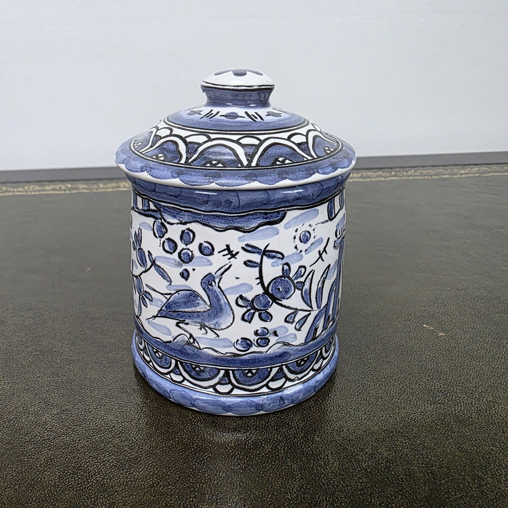 Blue White Portuguese Ceramic Lidded Jar Alcobaca Pottery Folk Art Bird Floral Canister 35B
