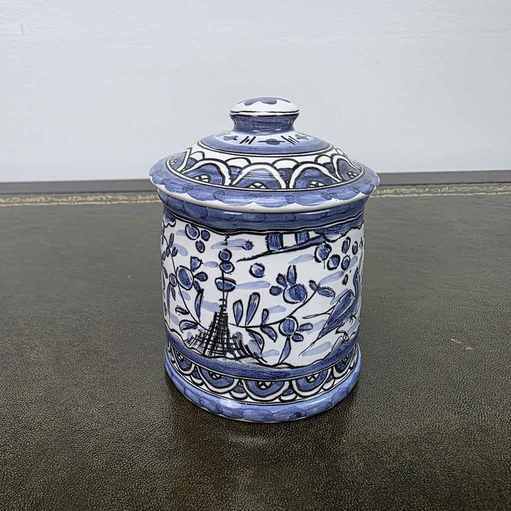 Blue White Portuguese Ceramic Lidded Jar Alcobaca Pottery Folk Art Bird Floral Canister 35B