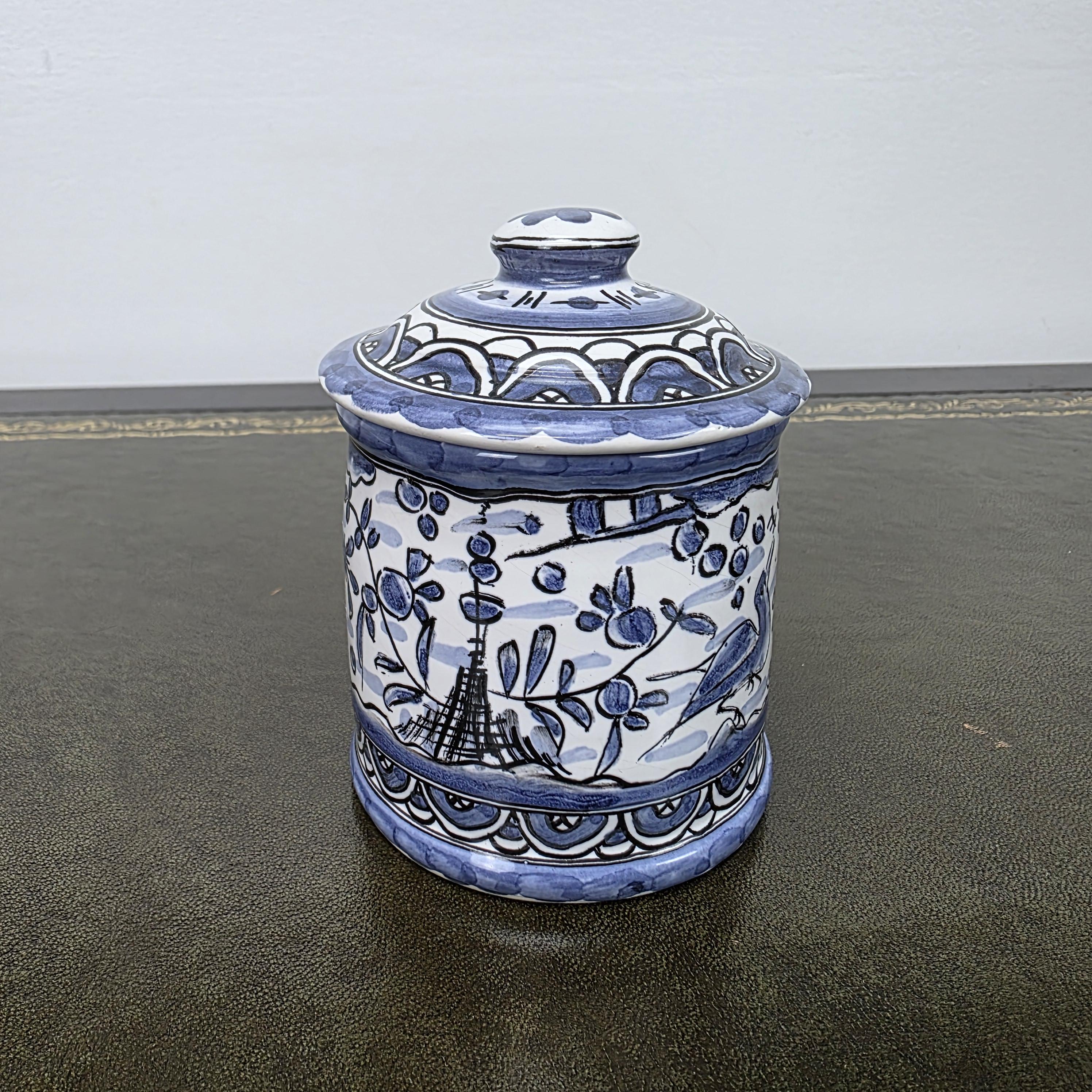 Blue White Portuguese Ceramic Lidded Jar Alcobaca Pottery Folk Art Bird Floral Canister 35B