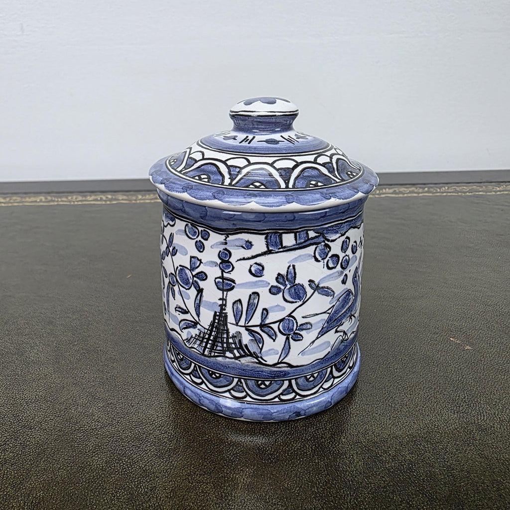 Blue White Portuguese Ceramic Lidded Jar Alcobaca Pottery Folk Art Bird Floral Canister 35B
