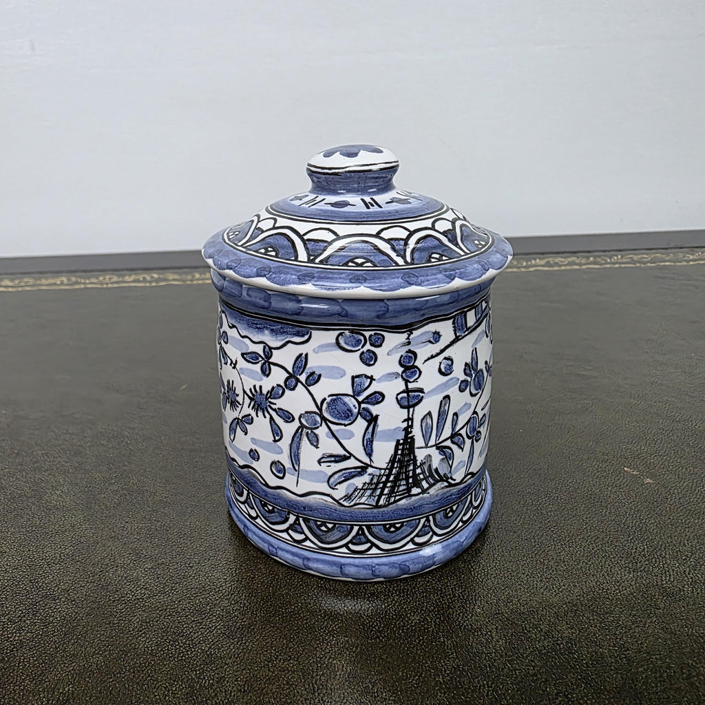 Blue White Portuguese Ceramic Lidded Jar Alcobaca Pottery Folk Art Bird Floral Canister 35B