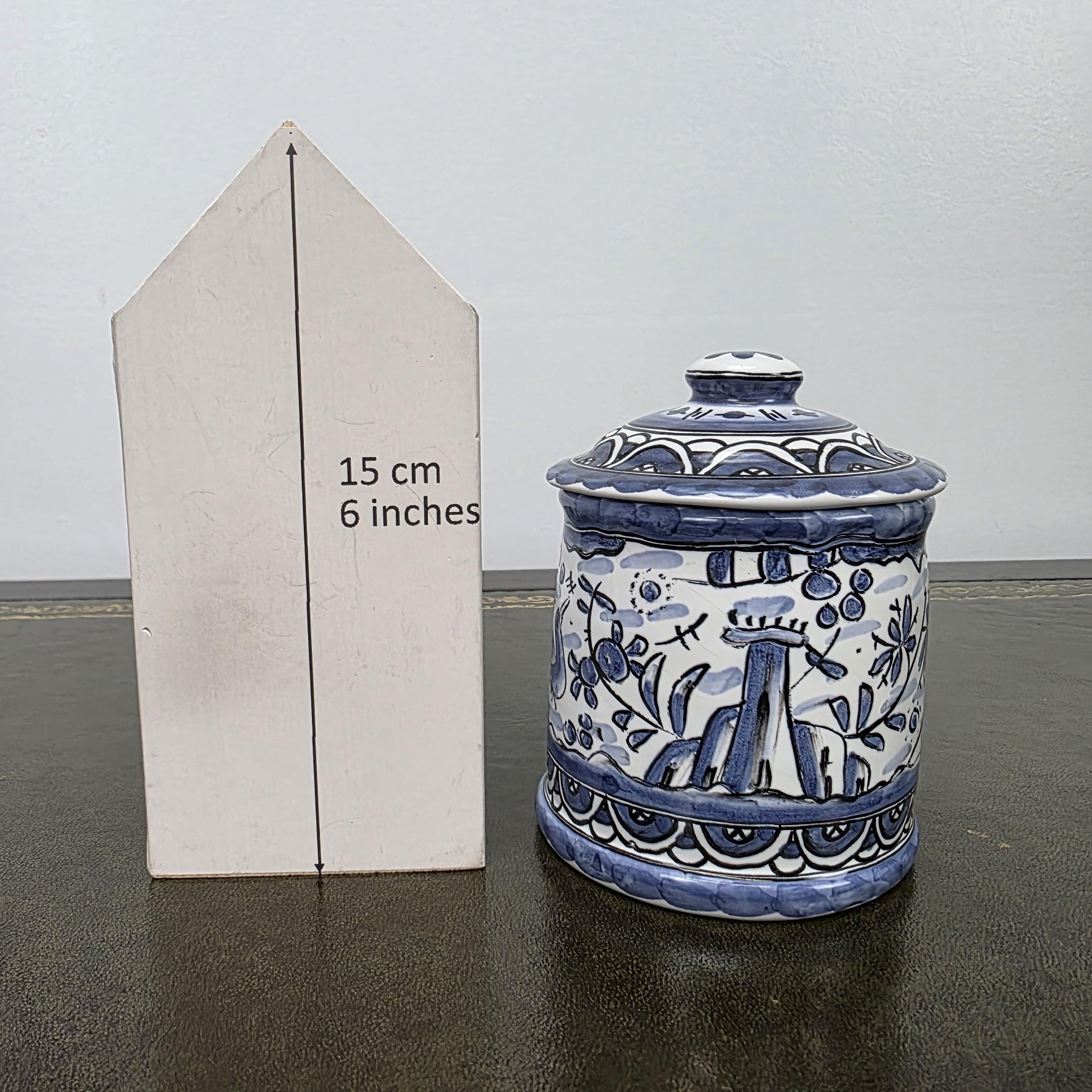Blue White Portuguese Ceramic Lidded Jar Alcobaca Pottery Folk Art Bird Floral Canister 35B