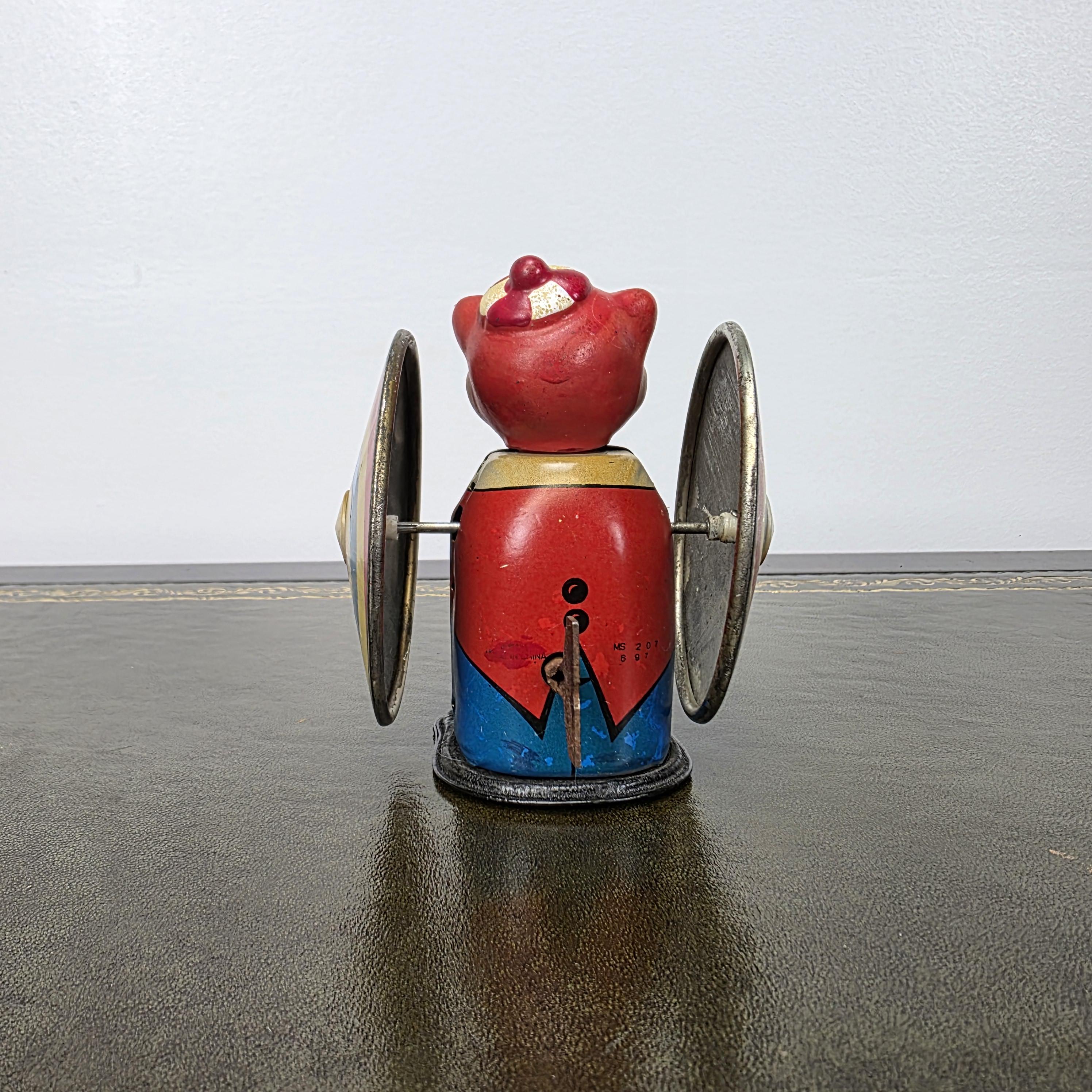 Vintage MS207 Wind Up Tin Toy Clown Cymbal Player Metal Clockwork Mechanical Display Collectible