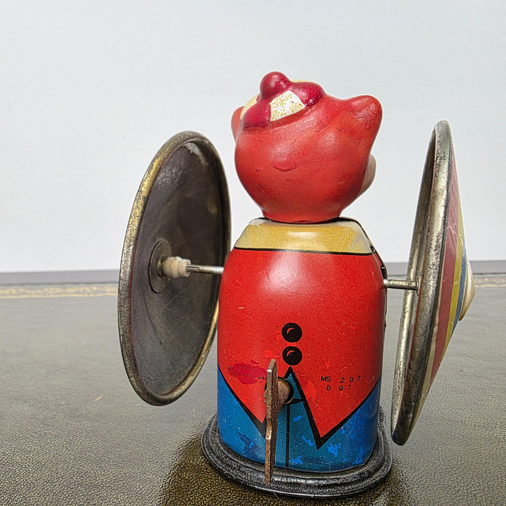 Vintage MS207 Wind Up Tin Toy Clown Cymbal Player Metal Clockwork Mechanical Display Collectible