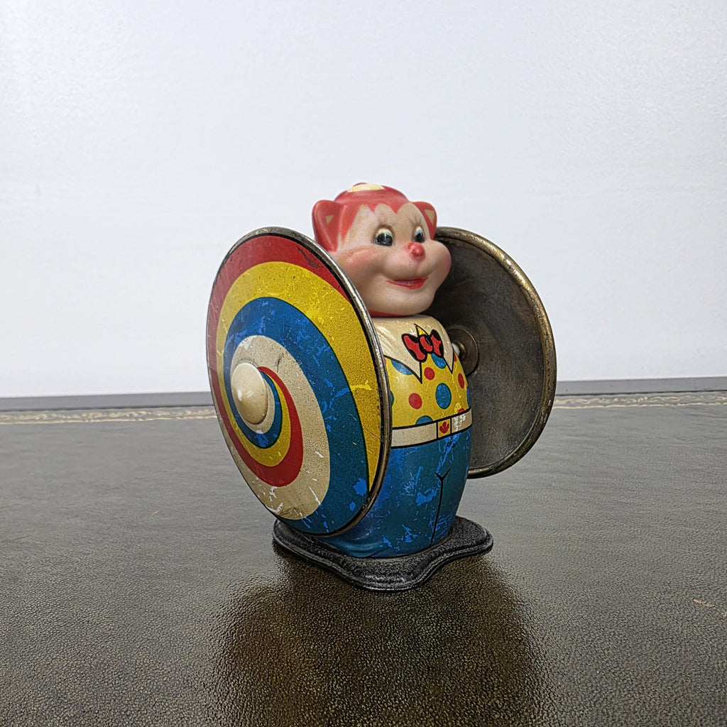 Vintage MS207 Wind Up Tin Toy Clown Cymbal Player Metal Clockwork Mechanical Display Collectible