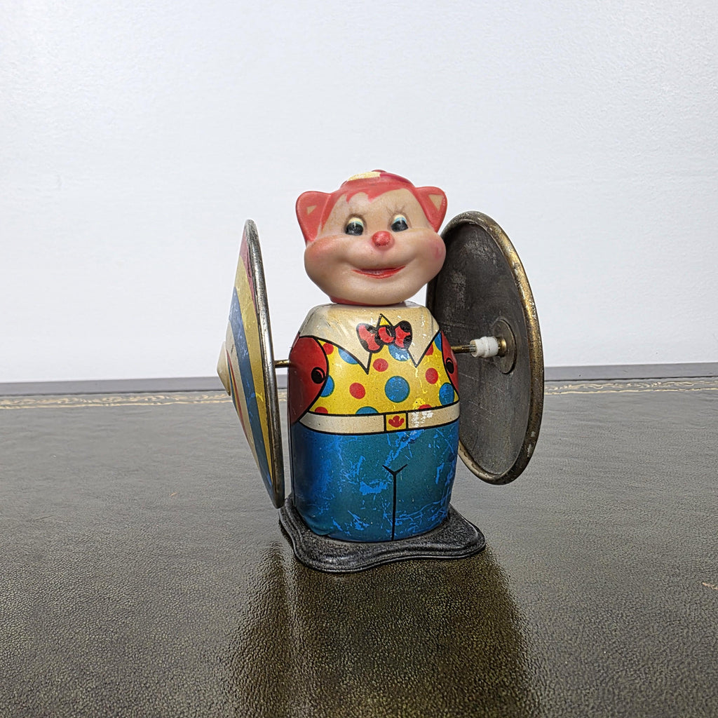 Vintage MS207 Wind Up Tin Toy Clown Cymbal Player Metal Clockwork Mechanical Display Collectible