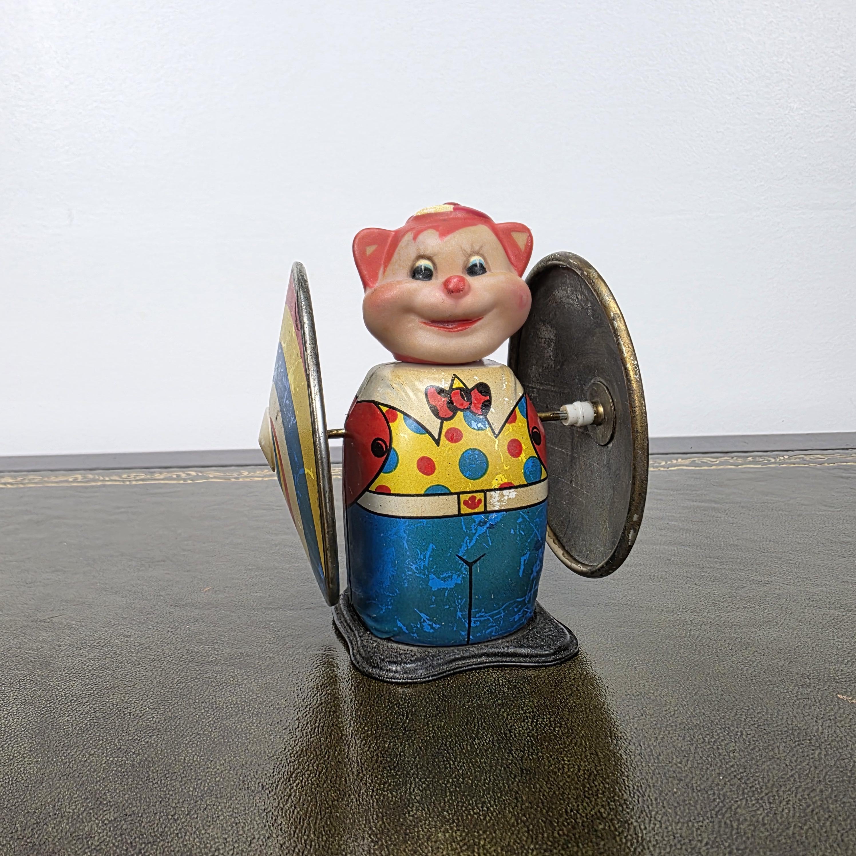 Vintage MS207 Wind Up Tin Toy Clown Cymbal Player Metal Clockwork Mechanical Display Collectible