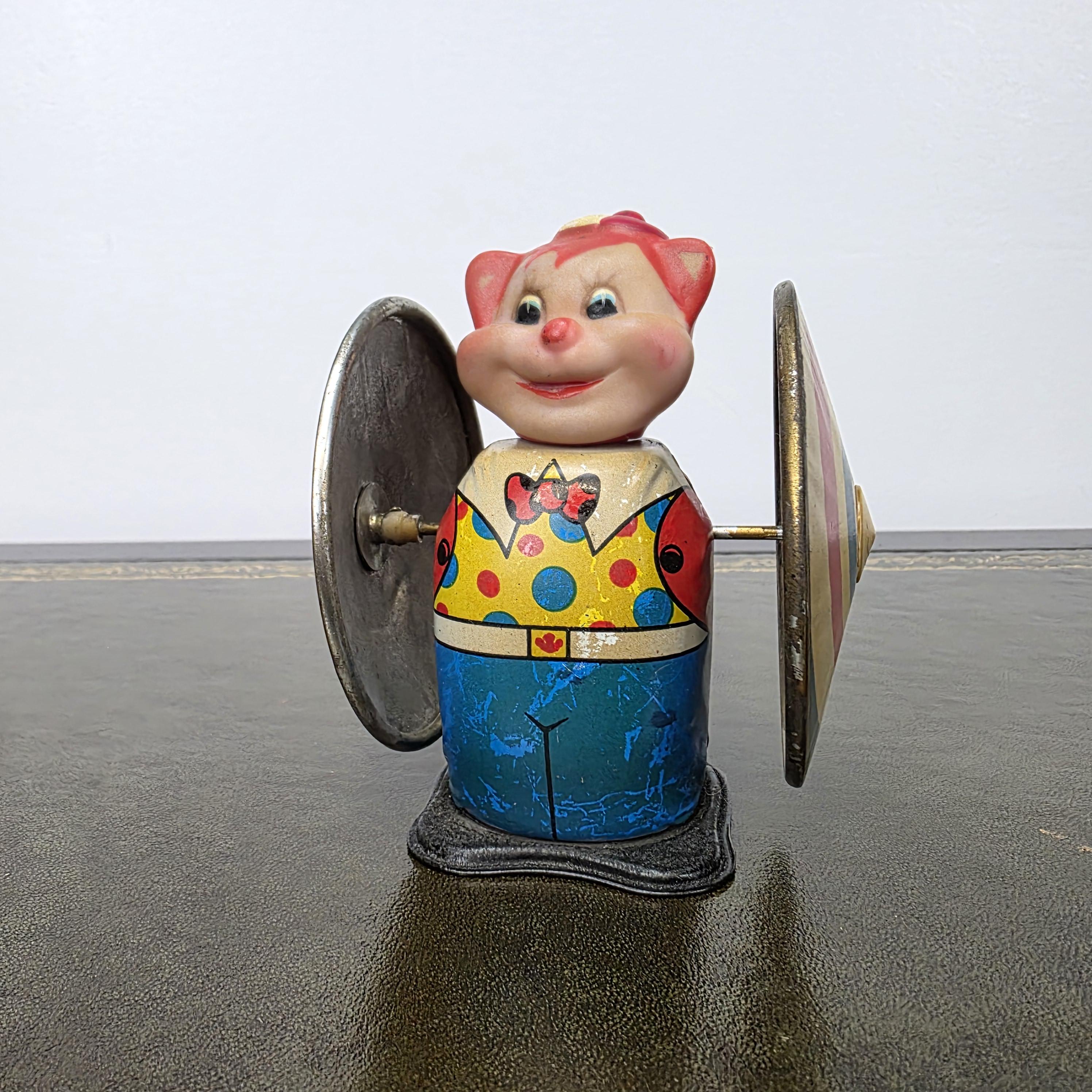 Vintage MS207 Wind Up Tin Toy Clown Cymbal Player Metal Clockwork Mechanical Display Collectible