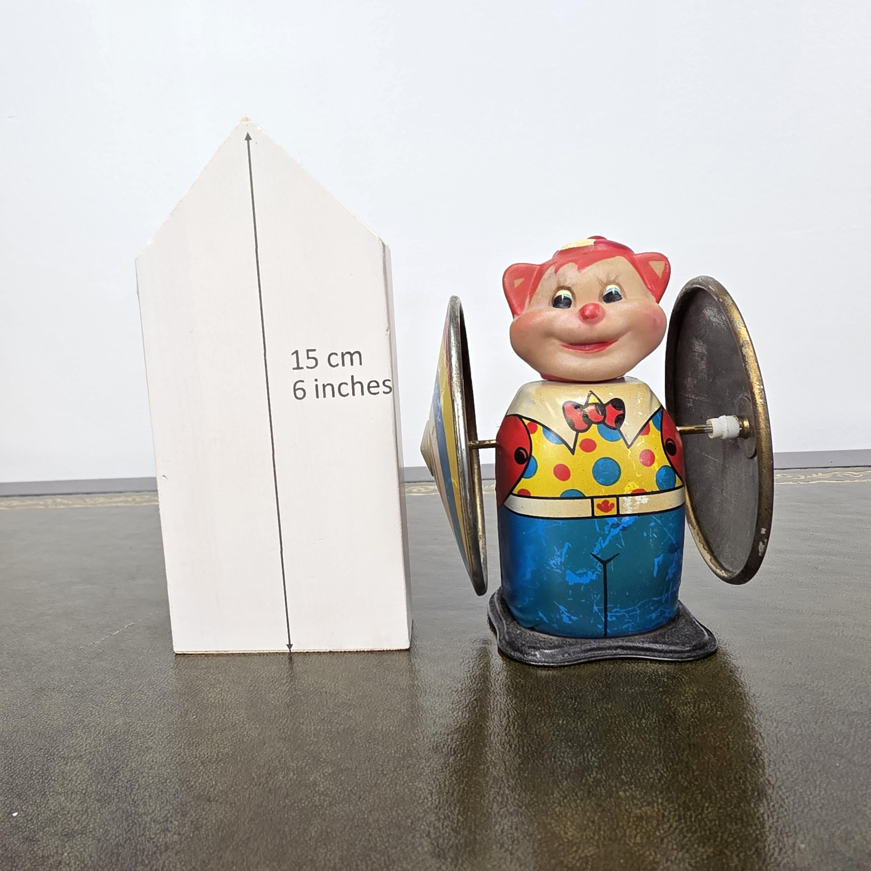 Vintage MS207 Wind Up Tin Toy Clown Cymbal Player Metal Clockwork Mechanical Display Collectible