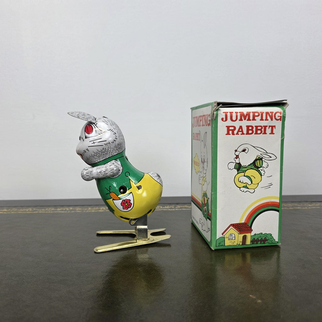 Spring Feet Mechanism| Vintage Wind Up Jumping Rabbit Tin Toy | Boxed Clockwork Collectable
