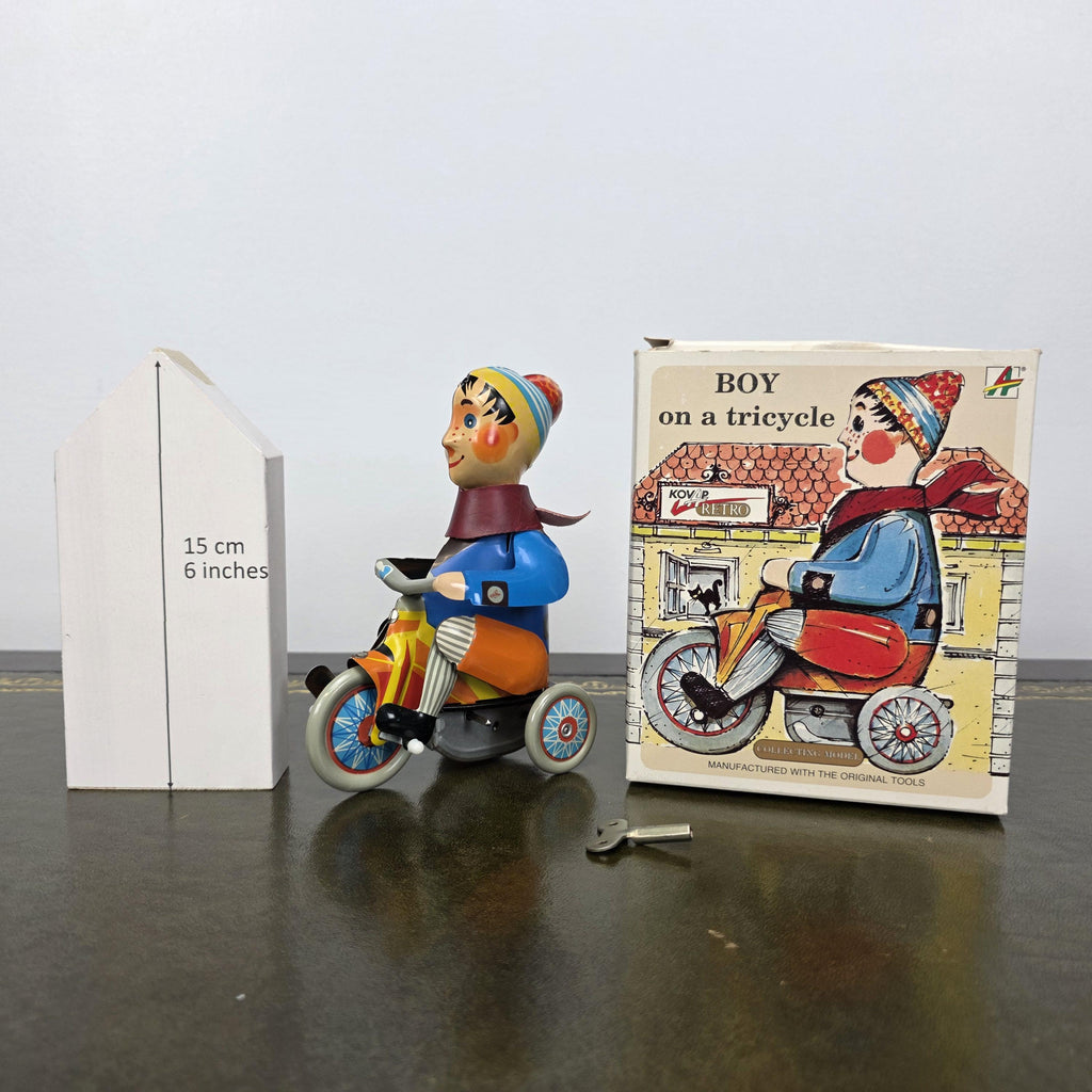 Kovap Retro Boy on a Tricycle Wind Up Tin Toy | Boxed Clockwork Model Czech Collectors