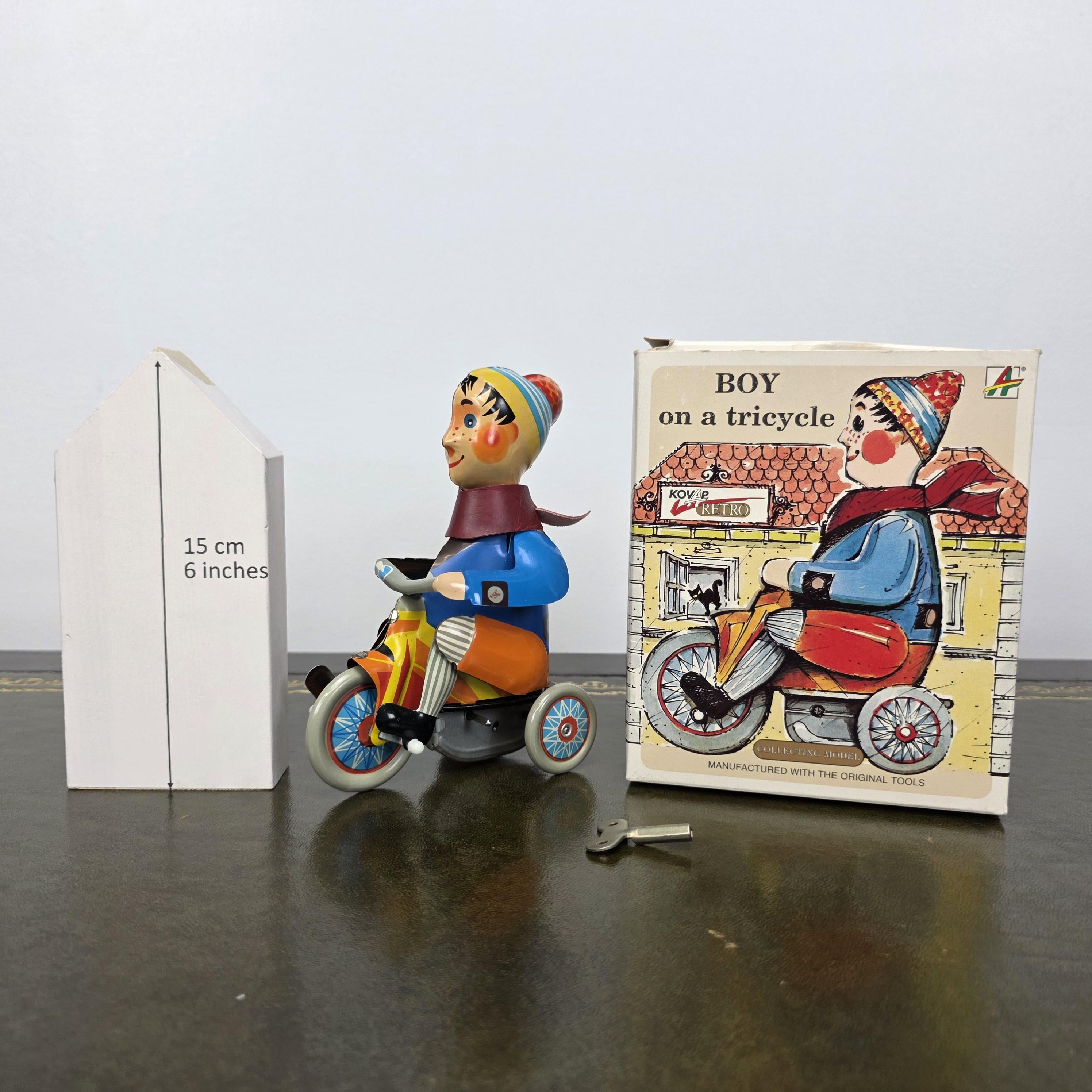 Kovap Retro Boy on a Tricycle Wind Up Tin Toy | Boxed Clockwork Model Czech Collectors