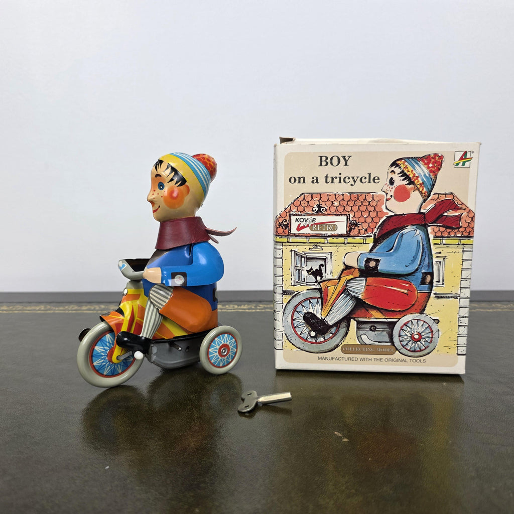 Kovap Retro Boy on a Tricycle Wind Up Tin Toy | Boxed Clockwork Model Czech Collectors