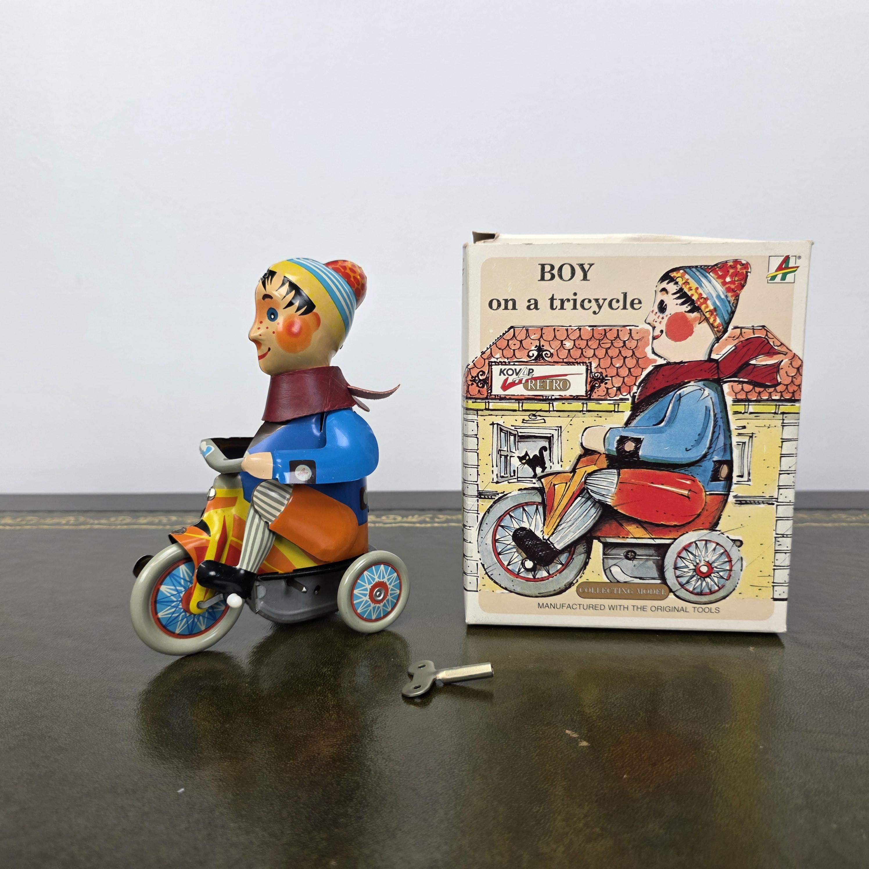Kovap Retro Boy on a Tricycle Wind Up Tin Toy | Boxed Clockwork Model Czech Collectors