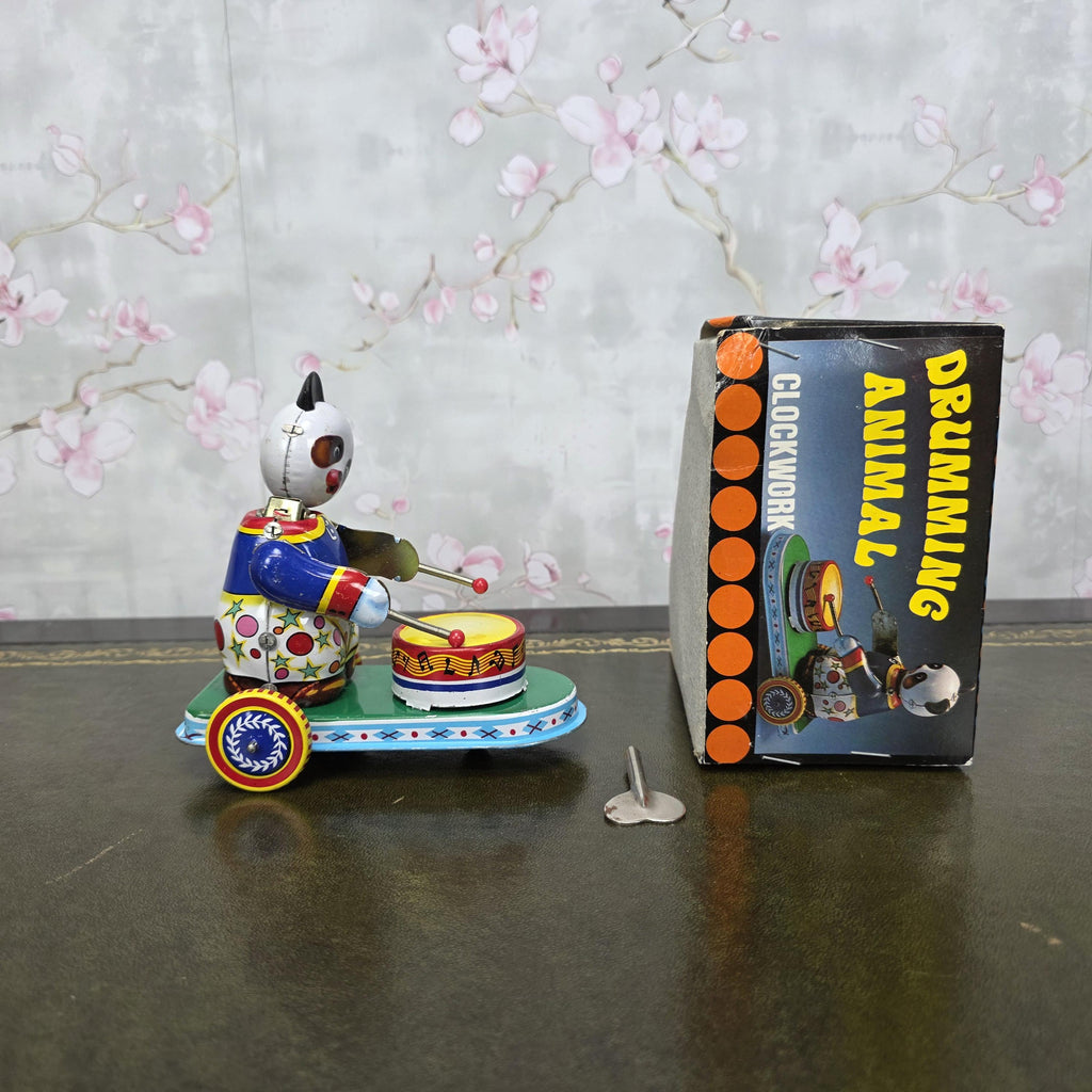 Vintage Tin Wind Up Panda Drummer MS565 Mechanical Toy With Original Box 1960s Collectible