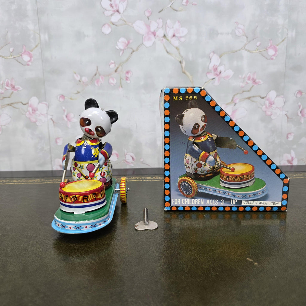 Vintage Tin Wind Up Panda Drummer MS565 Mechanical Toy With Original Box 1960s Collectible