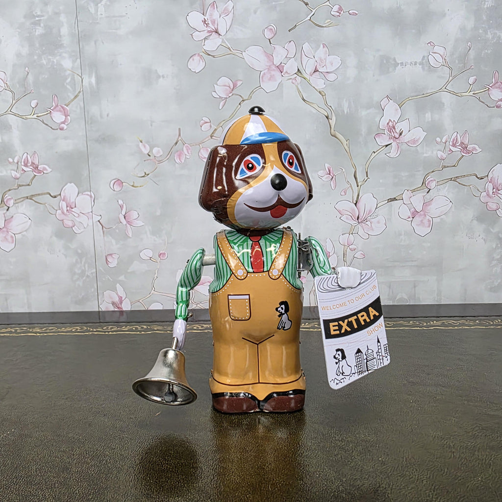 Vintage Wind Up Tin Dog Bell Ringer MS362 Mechanical Collectible With Box Clockwork Figure