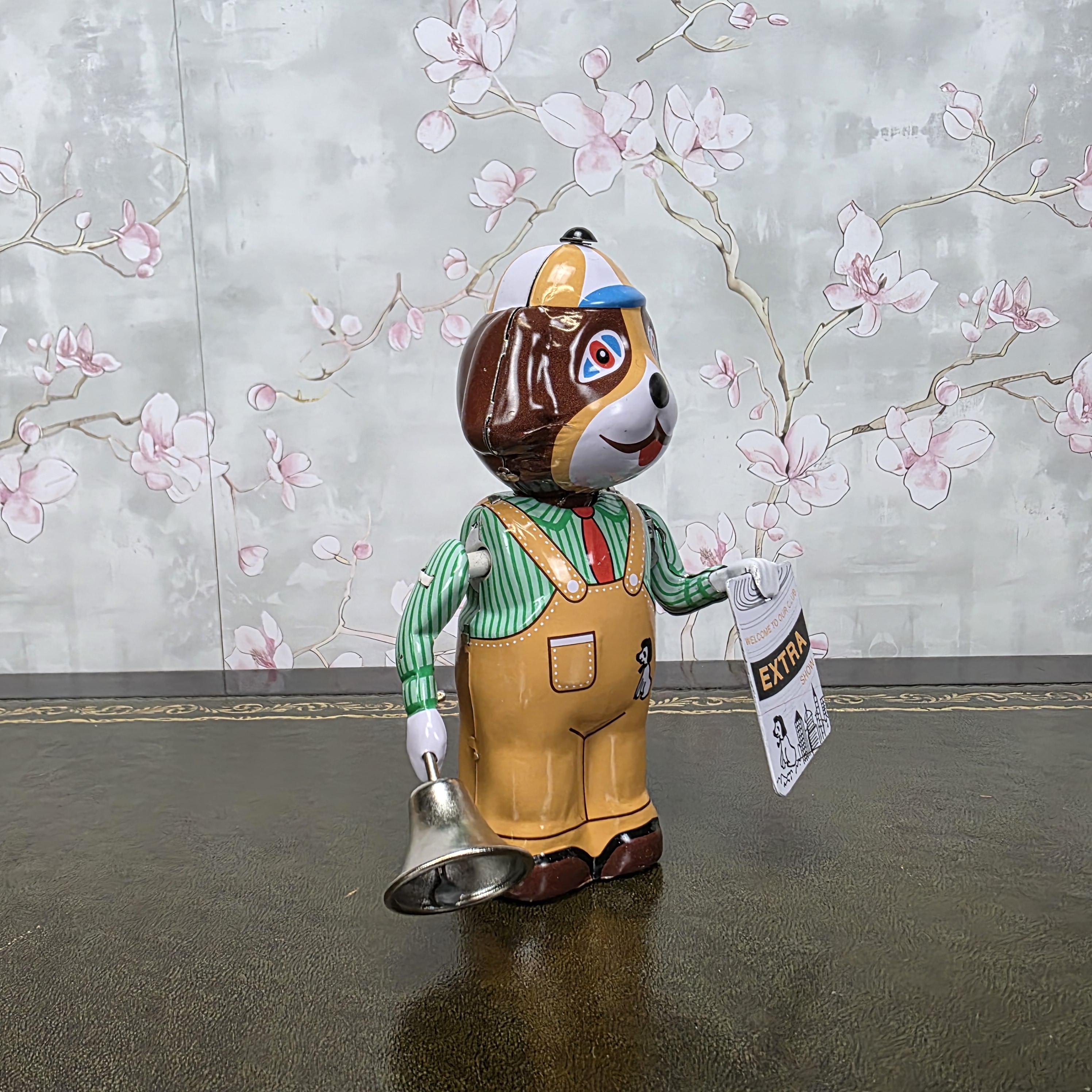 Vintage Wind Up Tin Dog Bell Ringer MS362 Mechanical Collectible With Box Clockwork Figure
