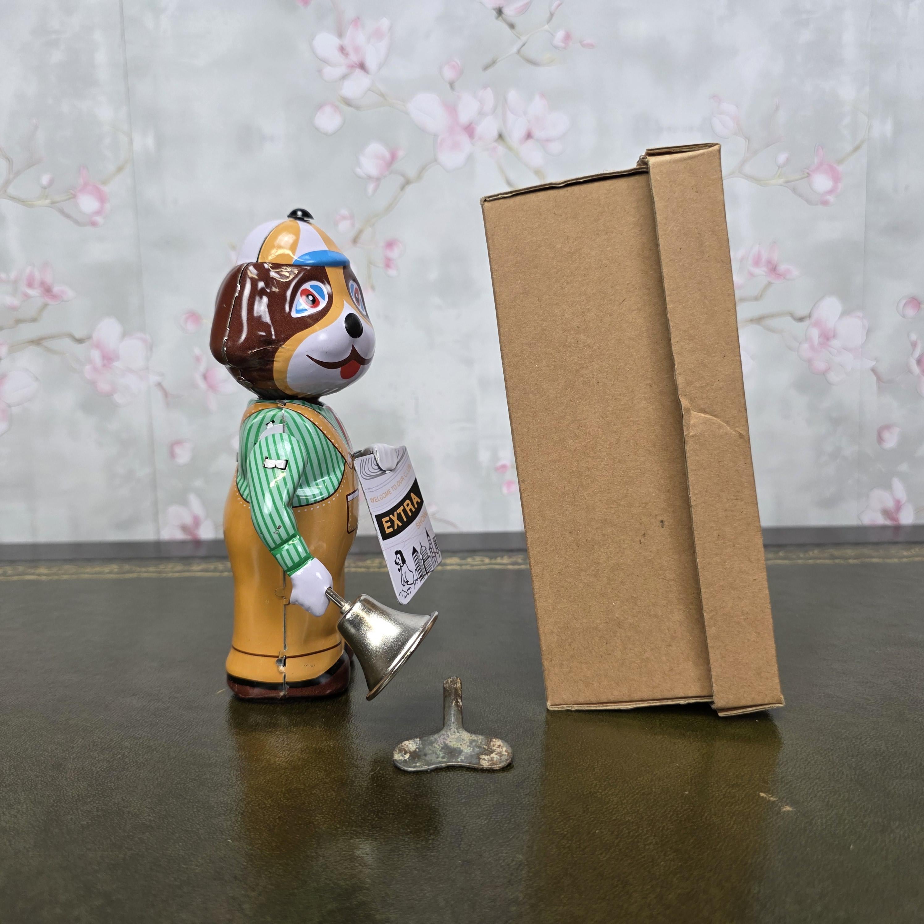 Vintage Wind Up Tin Dog Bell Ringer MS362 Mechanical Collectible With Box Clockwork Figure