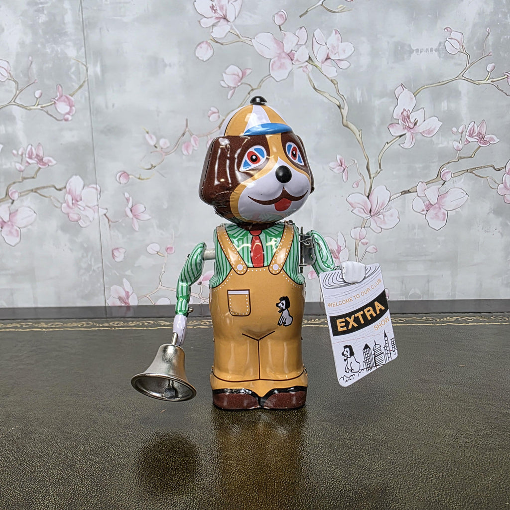 Vintage Wind Up Tin Dog Bell Ringer MS362 Mechanical Collectible With Box Clockwork Figure