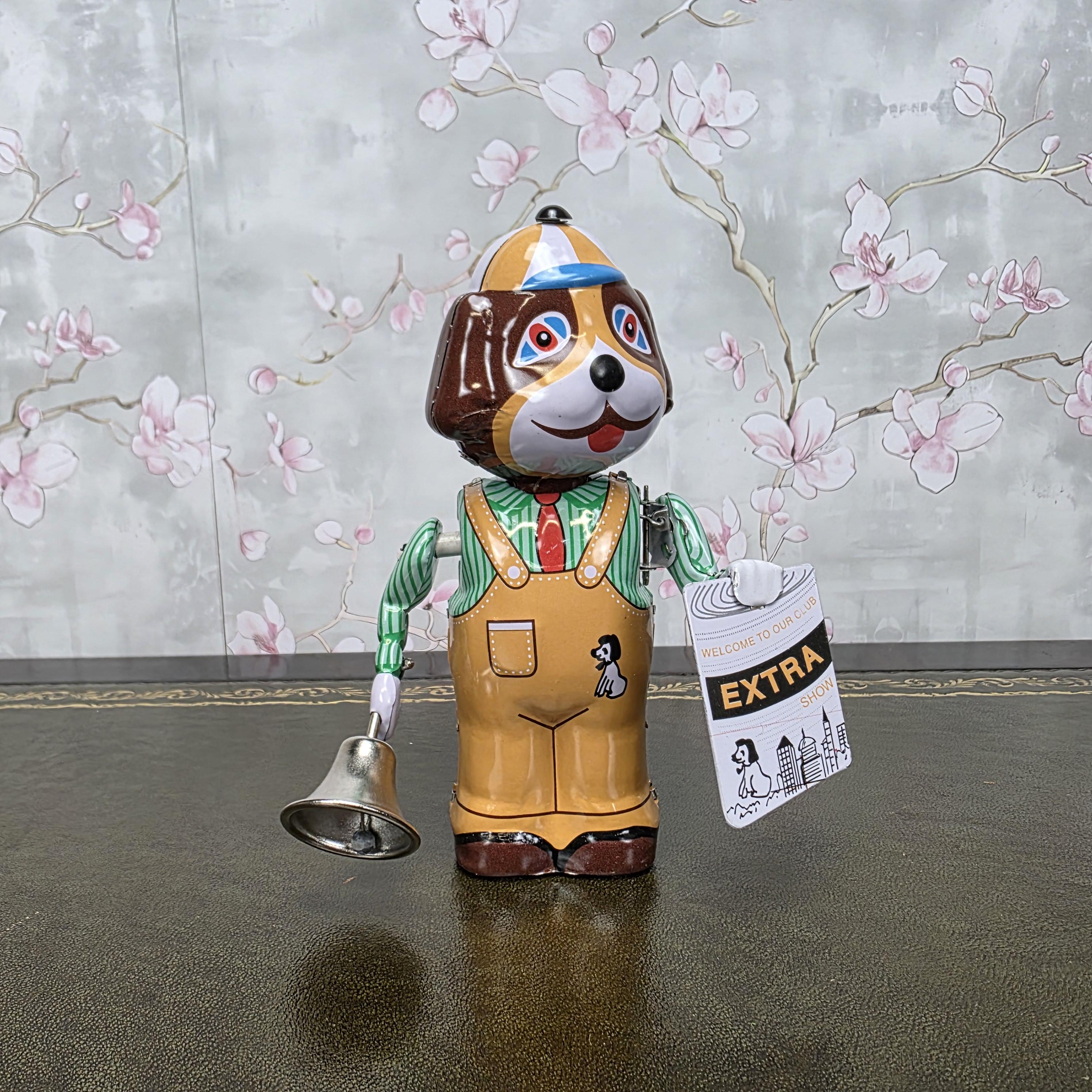 Vintage Wind Up Tin Dog Bell Ringer MS362 Mechanical Collectible With Box Clockwork Figure