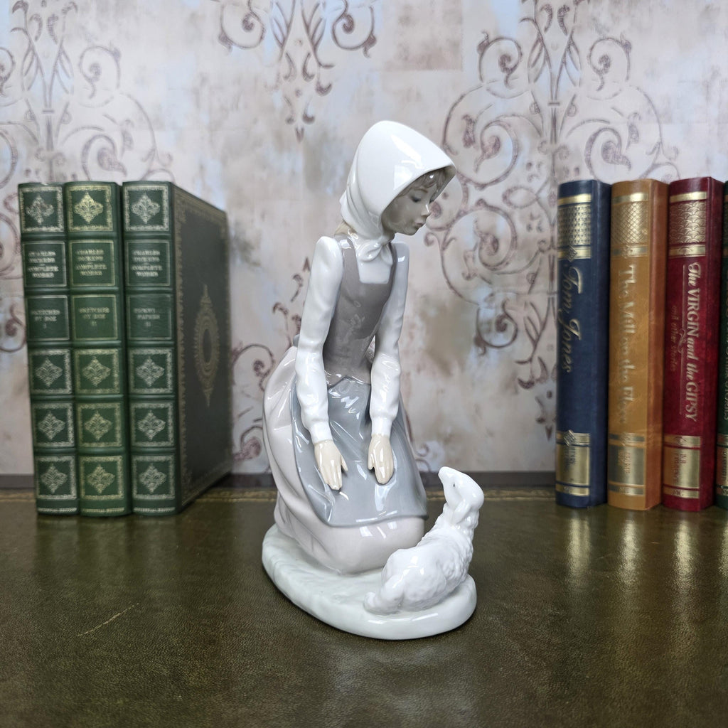 Nao by Lladro Girl with Lamb Porcelain Figurine | Spanish Vintage Collectible Sculpture Pastoral Scene